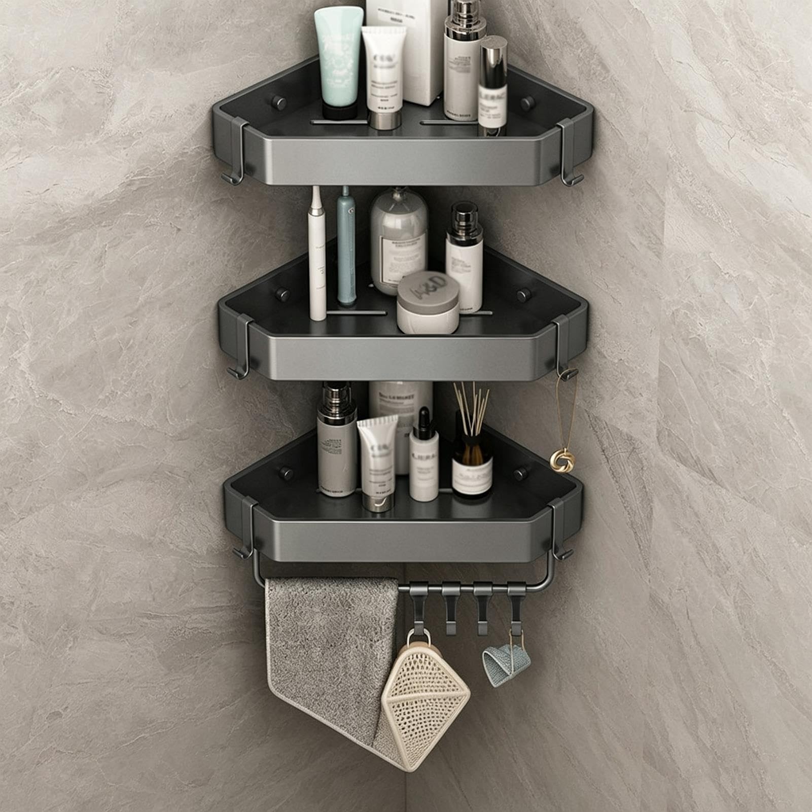 Mensola Da Bagno Montata A Parete Senza Trapano, Portaoggetti Da Doccia In Acciaio Al Carbonio Con Ganci E Portasciugamani, Scaffale Da Parete Antiruggine For La Cucina Del Bagno(F)