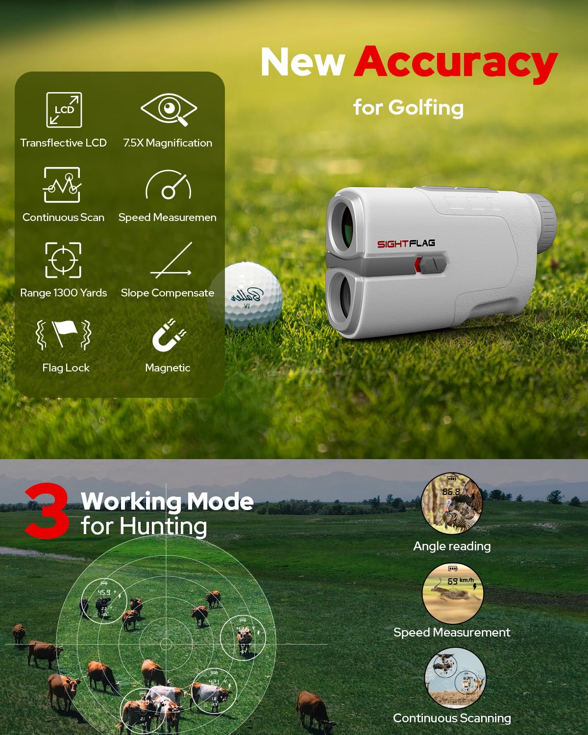 Telémetro de golf con pendiente, 1300 yardas láser para caza, aumento de 7.5X, mástil de bandera, bloqueo de vibración, buscadores de rango recargables con imán, accesorios de golf, regalo para