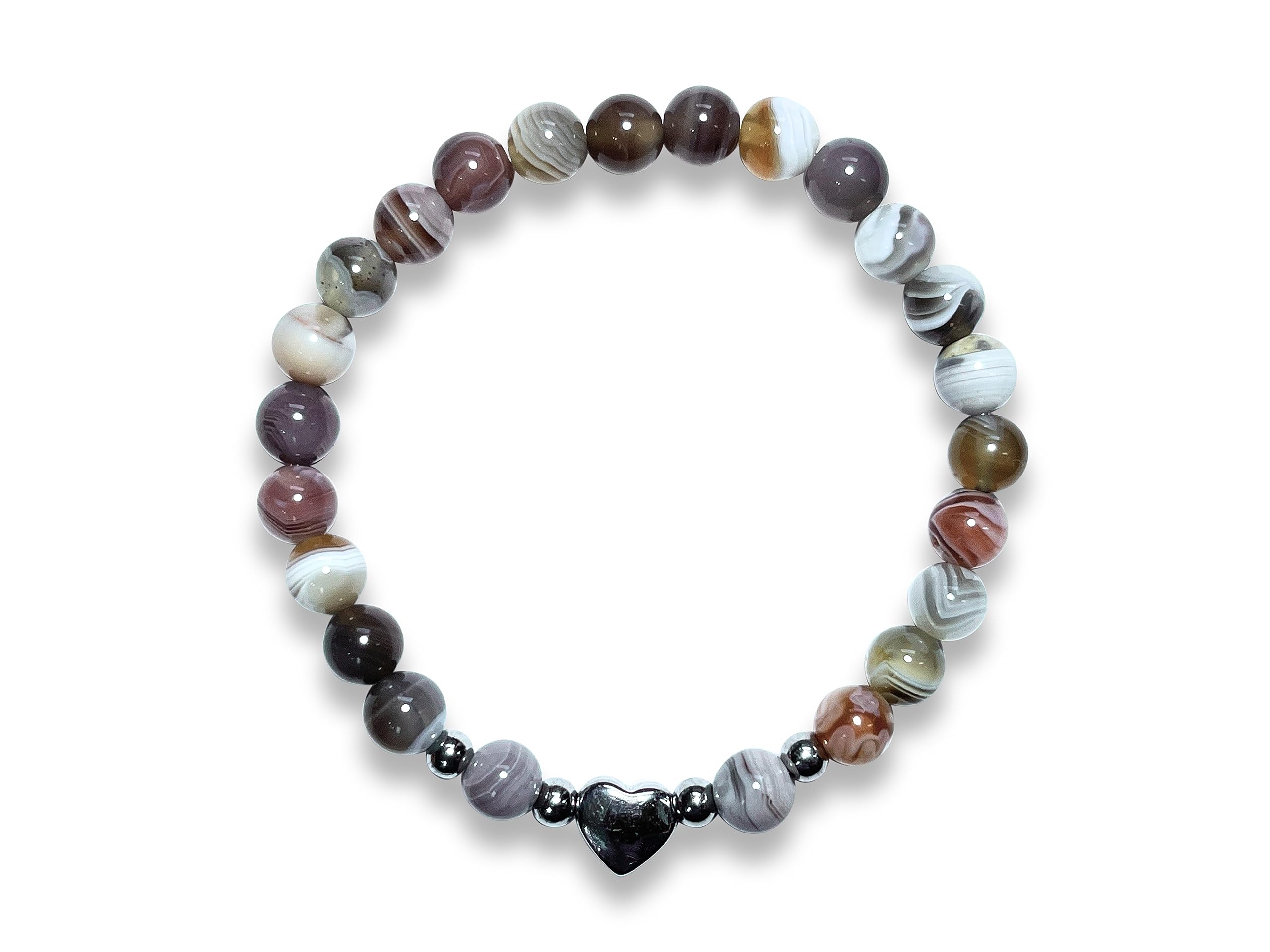Botswana Achat Armband Perlen echt 6mm Herz Edelstahl Silber Gold Roségold ionisiert - Handmade Perlenarmband Willenskraft Optimismus Zuversicht - Spiritueller Schmuck Damen Mädchen