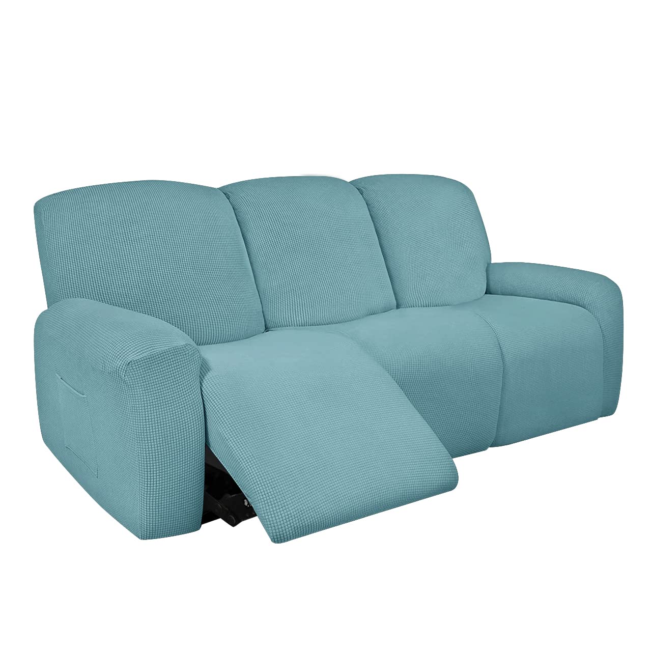 ESOUY Funda elástica para tumbona de 3 y 2 a 1 plaza, suave, gruesa, con pequeños cuadros, funda para sofá reclinable con bolsillo para mando a distancia, color azul claro, 3 plazas (8 piezas)