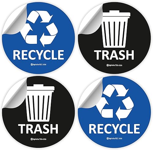 IGNIXIA Calcomanías de reciclaje para cubo de basura paquete de 4 calcomanías grandes de reciclaje y basura de 6 x 6 pulgadas para contenedores de