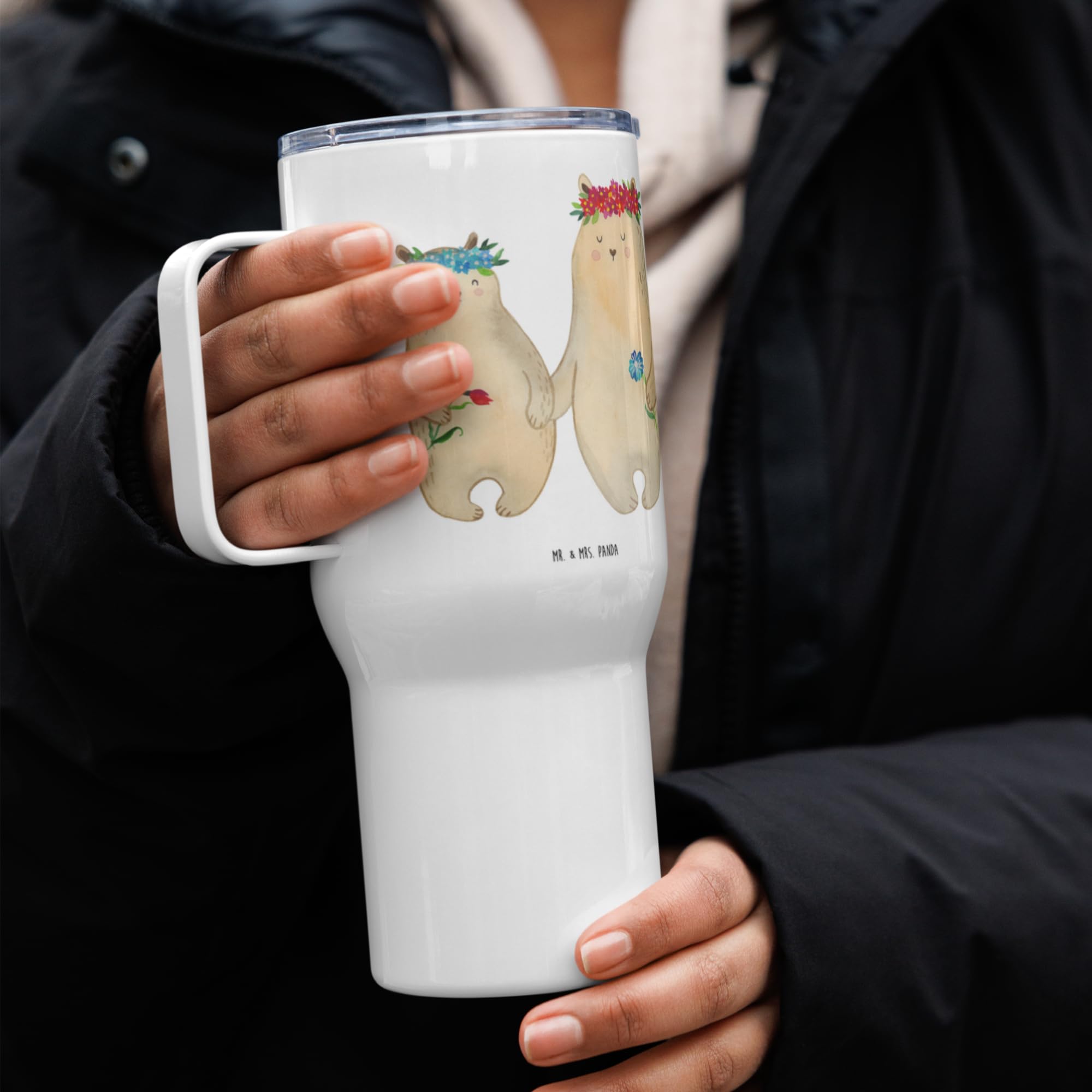 Mr. & Mrs. Panda Thermobecher Bären mit Blumenkranz - Geschenk, Teetasse, Vorbild, Kinder, Mehrweg-Kaffeebecher, Kaffee-to-go-Becher, Family, Muttertag, Isolierbecher, Mama, Beste Freundin, Mami