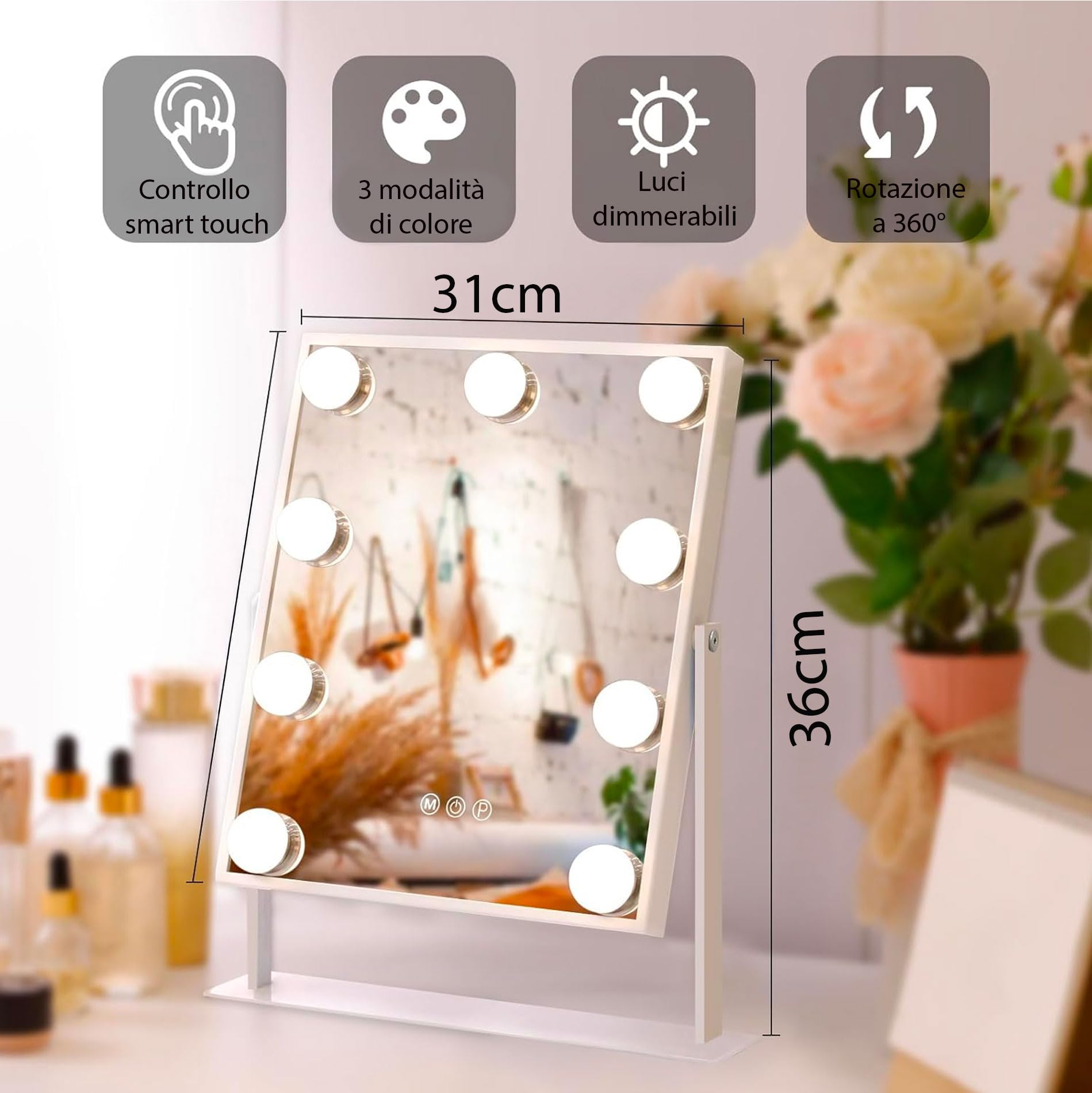 081 Store - Specchio Trucco con Luci, specchio grande illuminato con luce a 3 colori e 9 lampadine a LED dimmerabili, schermo touch intelligente e rotazione di 360 gradi