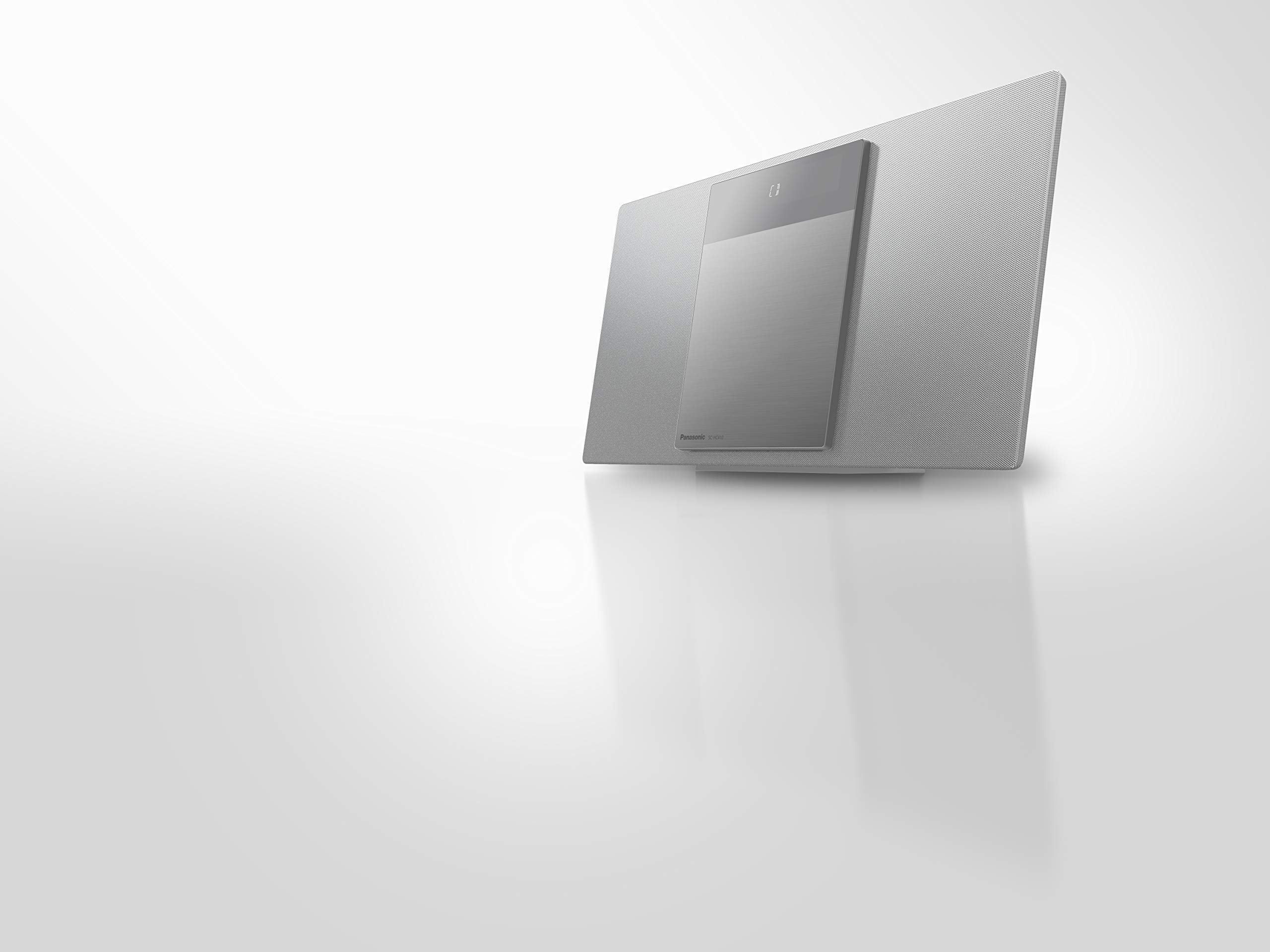 Panasonic SC-HC410 kompaktowa mikrowieża Hi-Fi z Space Tune (CD, Bluetooth, radio FM, AUX, USB, AUX-IN Auto Play, pełnozakresowy głośnik 8cm), srebrna
