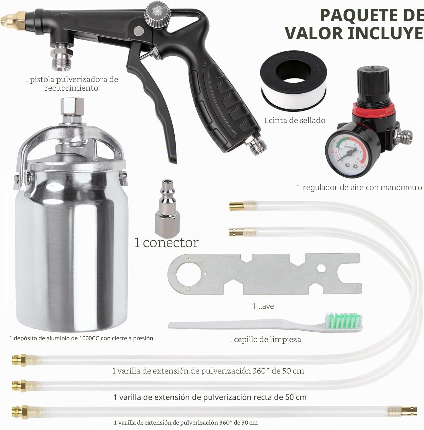 Pistola de imprimación para vehículos, con Copa de Aluminio de 1000 CC, Manguera Recta y giratoria 360°, para Revestimiento Inferior