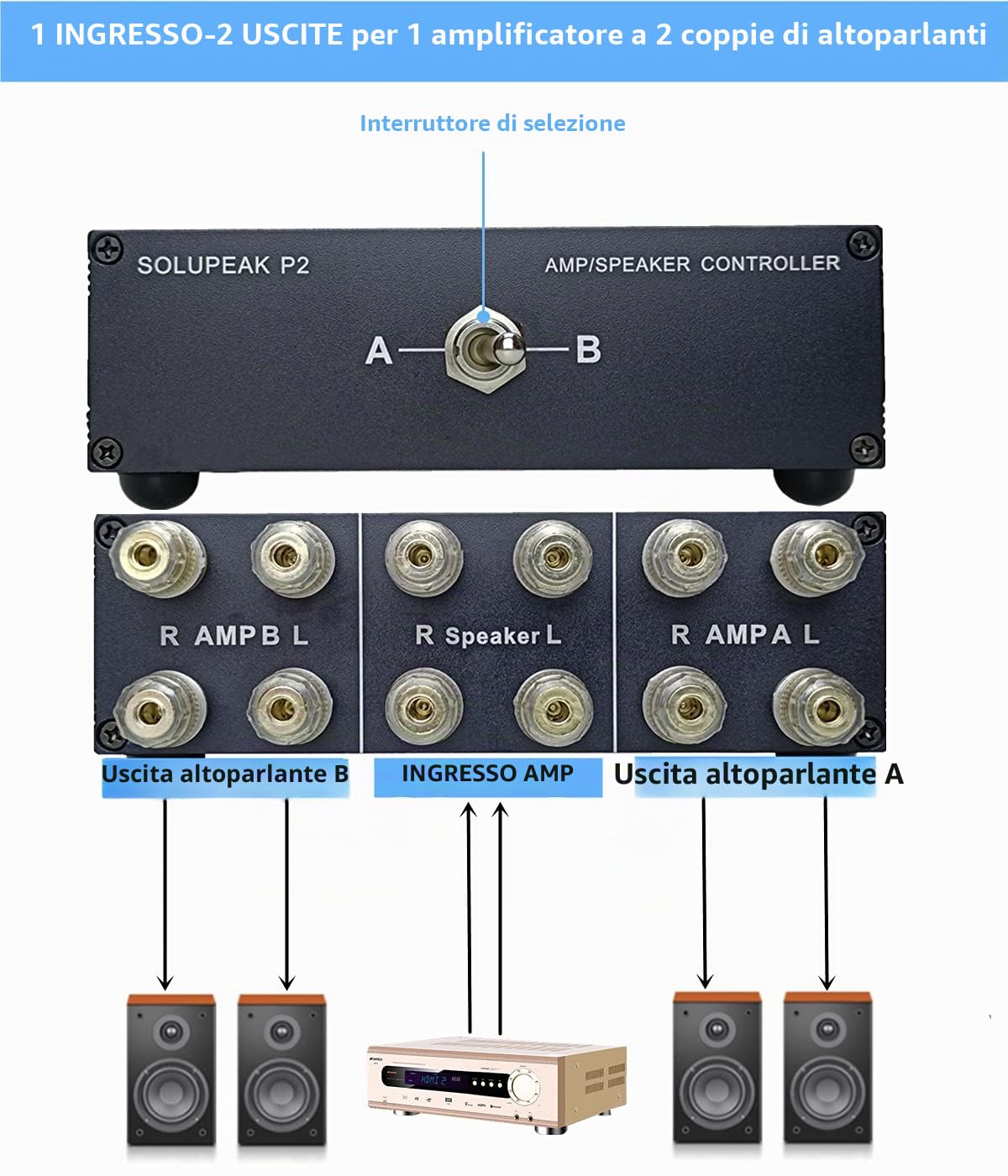 P2 2(1)-IN-1(2)-OUT Amplificatore Commutatore Selettore Altoparlanti Interruttore Splitter controllo altoparlanti a 2 vie scatola combinatore
