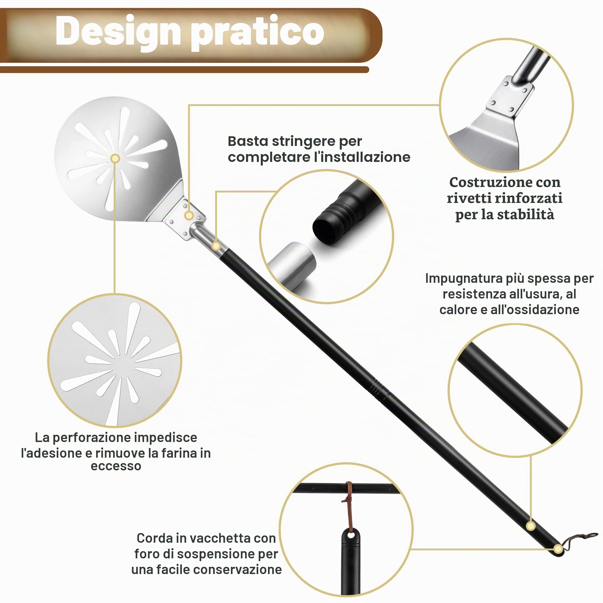 Joyfair Spatola rotonda per pizza in acciaio inox, perforata, 22,8 cm