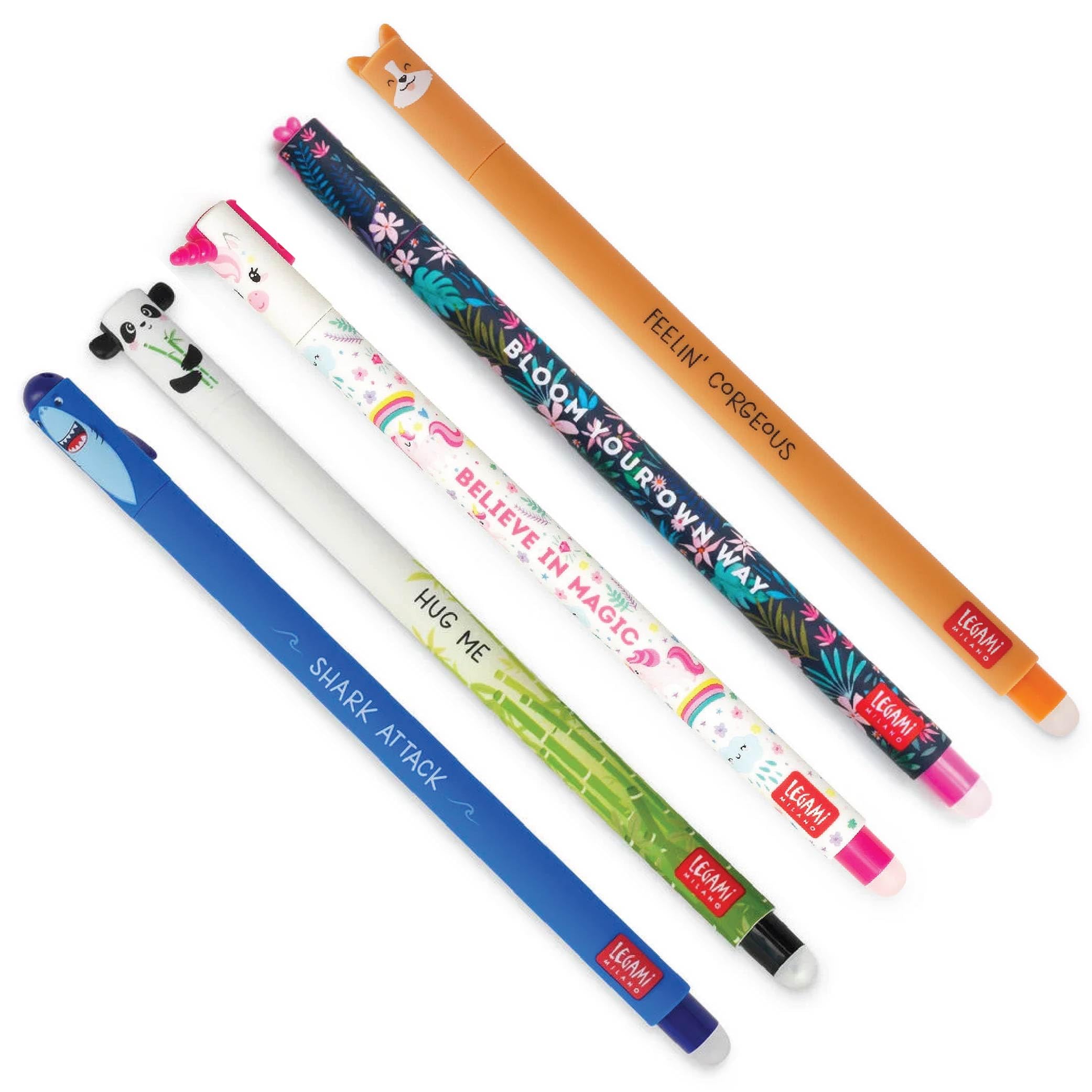 Legami - Juego de 5 bolígrafos de gel borrables Legami, tinta termosensible con punta de 0,7 mm, tiburón, flora, panda, unicornio, corgi