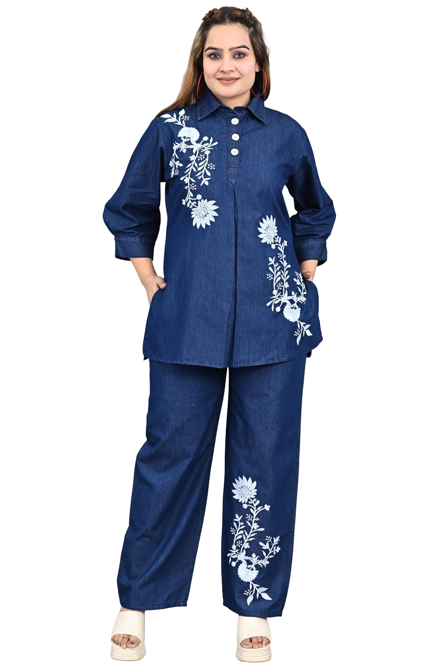 duuble tree Denim Coord Set for Women Stylish | Summer Cotton Co ord Set for Woman & Girls | Floral Printed Cotton Co-ord Shirt Pant Set for Women & Ladies-picture-38