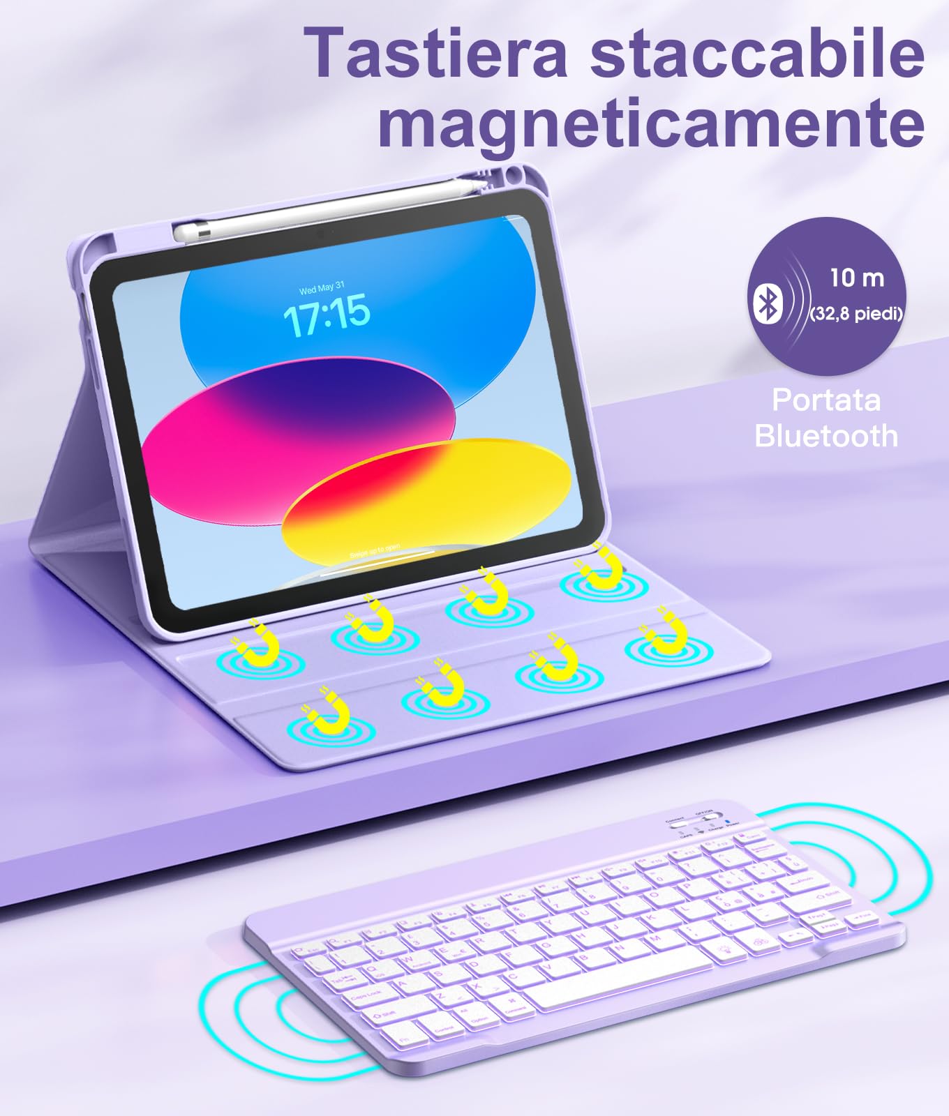 Vobafe Cover iPad A16 11 10 Generazione con Tastiera (11/10.9 Pollici, 2025/2022), Italiano QWERTY con 7 Colori Illuminato, Senza Fili Staccabile Custodia Tastiera con Portapenna, Lavanda