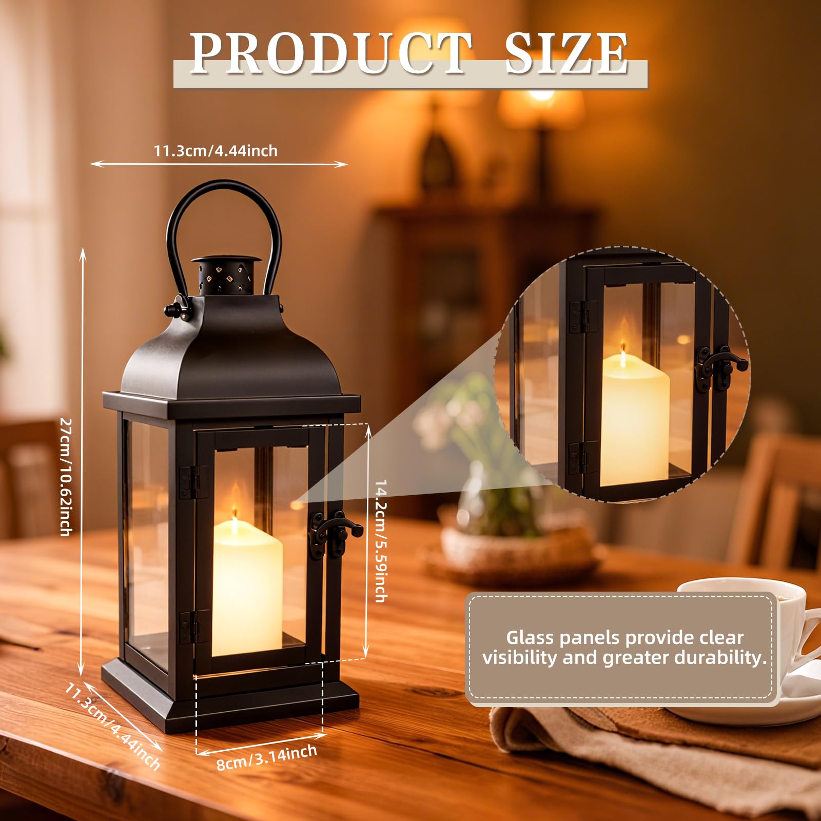 Lanterna per Candele All'aperto Nero,Lanterna Retrò Resistente Alle Intemperie in Metallo Nero,Lanterne per Candele in Acciaio Inox con Vetro Temperato, per Esterni, Portacandele e Decorazione
