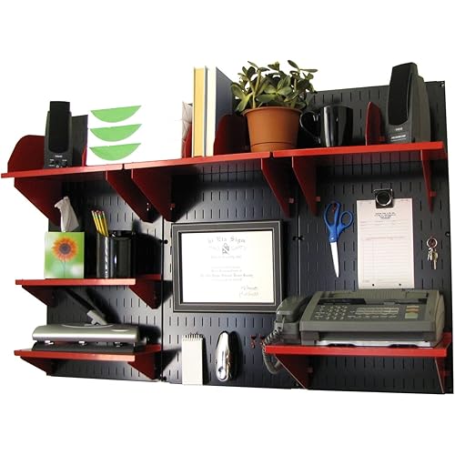 Wall Control Office Organizer Unit Wall Mounted Office Desk Storage and Organization Kit Black Wall Panels and Red Accessories