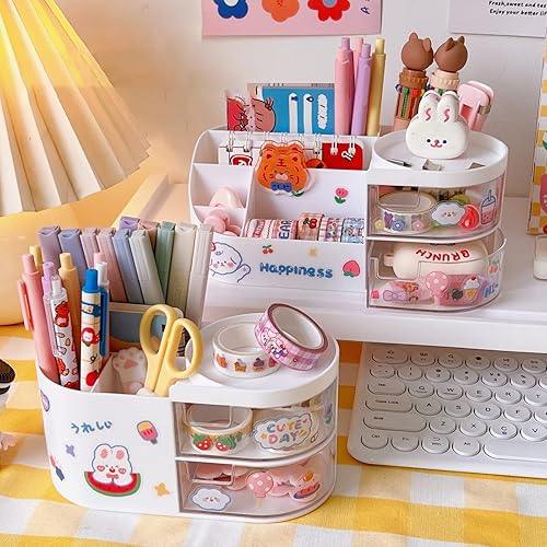 TOLUON Organizador de escritorio Kawaii Kawaii accesorios de escritorio con calcomanías Kawaii para lápices estéticos, contenedor de almacenamiento