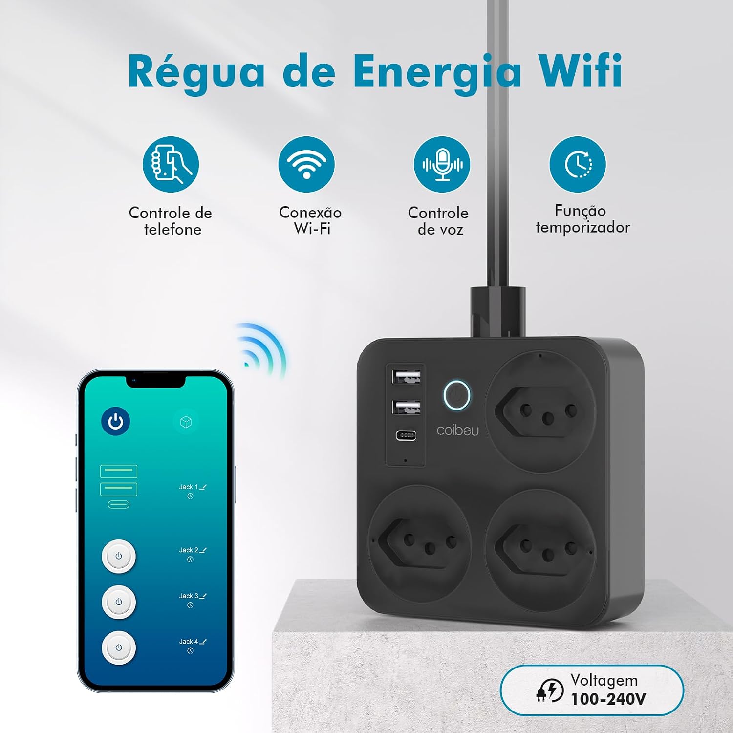 Filtro de Linha, Tomada Inteligente Wifi, Extensão Tomada, Regua Tomada, Regua de Energia, 3 Tomadas, 2 Interfaces USB, 1 Porta USB Tipo-C, Suporte para Controle Por Voz, Controle de celular (Preto) Filtro de Linha, Tomada Inteligente Wifi, Extensão Tomada, Regua Tomada, Regua de Energia, 3 Tomadas, 2 Interfaces USB, 1 Porta USB Tipo-C, Suporte para Controle Por Voz, Controle de celular (Preto)