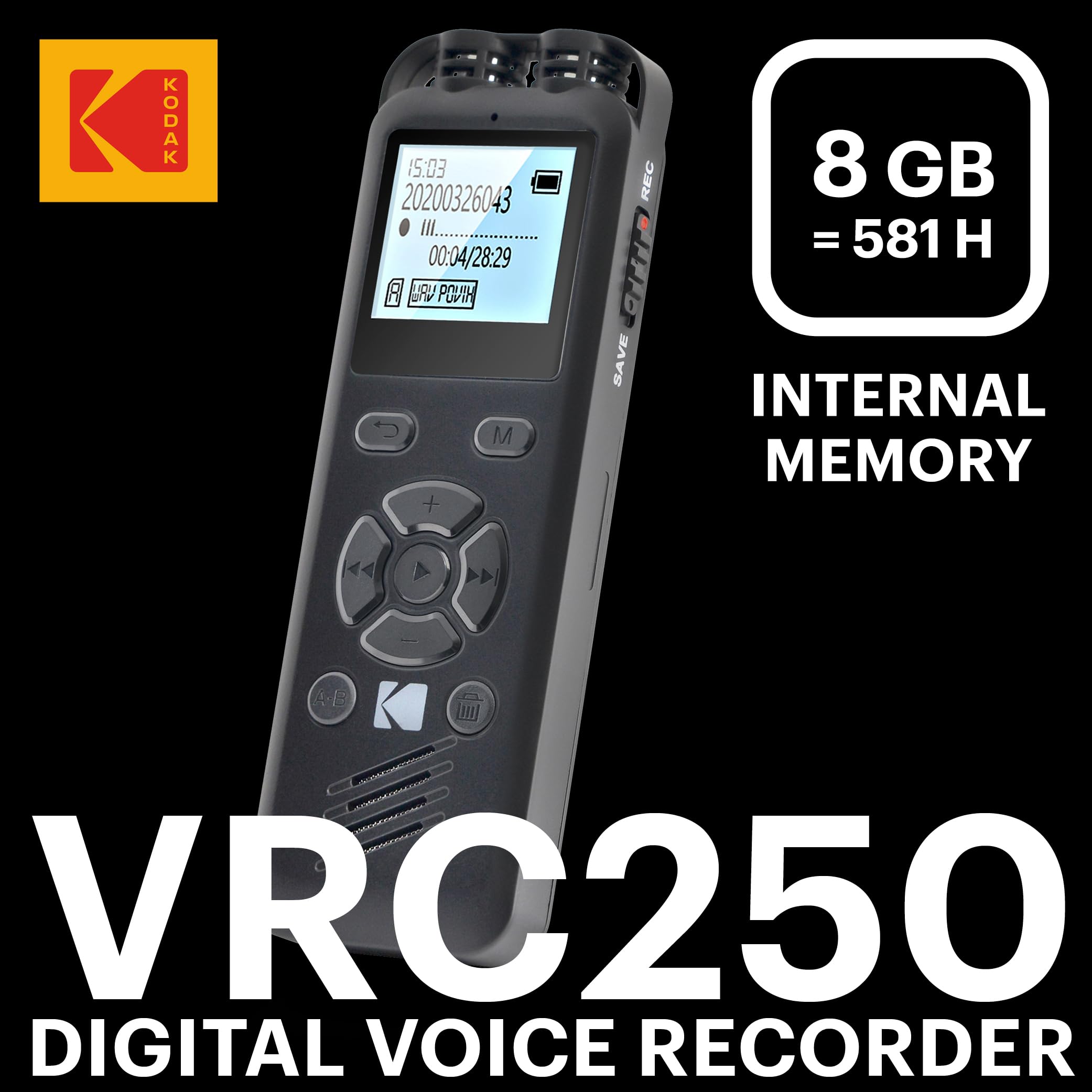 KODAK VRC250 - Dyktafon cyfrowy, 8 GB, ekran 1,4, Plug and Play, odtwarzacz MP3, akumulator litowy - czarny