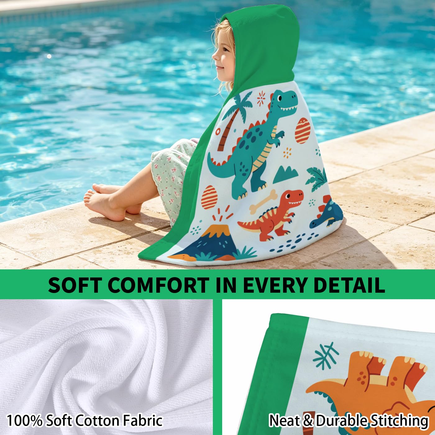 peacoblue Badeponcho Kinder Kapuzenhandtuch Dinosaurierwelt | Mikrofaser Kapuzenhandtuch 76x127cm für Kinder 2-8 Jahre, Schnell trocknend für Strand, Pool und Schwimmen