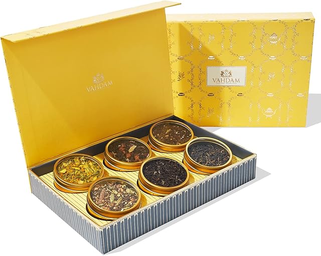 VAHDAM, Assorted Tea Gift Set - Glow (180g/6.3oz) 6 Teas in Luxurious Tea Gift Box | Valentines Day Gifts for Her/Him, Gifts for Women & Men