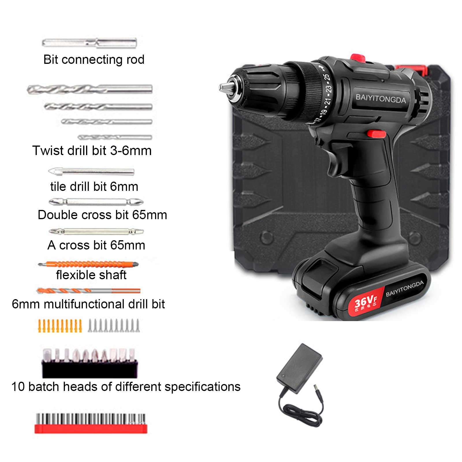 Juego de Taladro Inalámbrico, Taladro Eléctrico Compacto de 36V con Caja de Herramientas, Taladro de Mano Recargable Adecuado para Metal, Madera, Perforación de Azulejos de Cerámica
