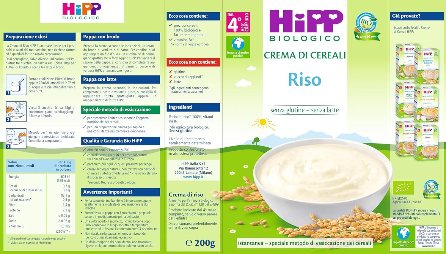 HiPP - Crema di Cereali Istantanea per Neonati, con Riso 100% Biologico, Crema di Riso Senza Glutine, 7 Confezioni da 200 gr, Pappa Pronta Neonato