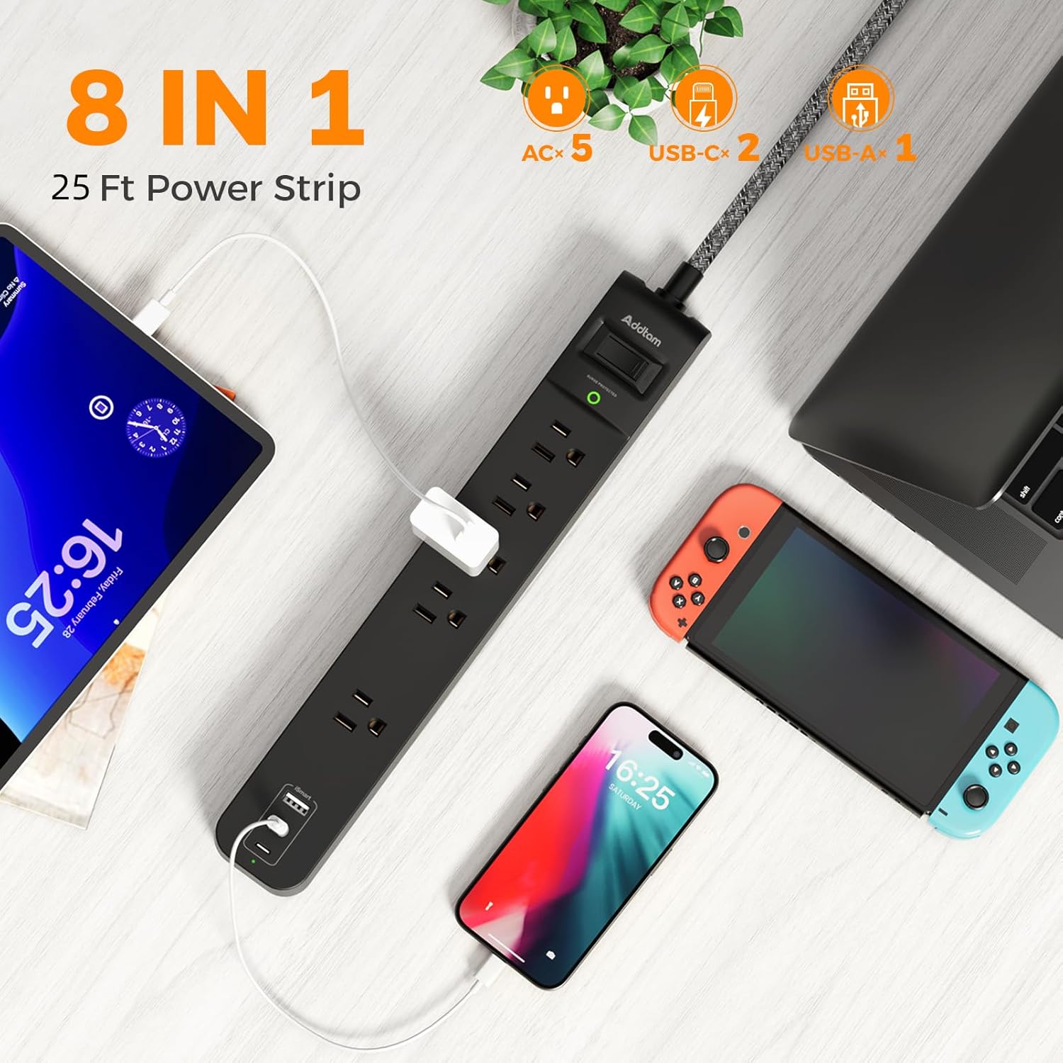 2 Pack Long Surge Protector Power Strip - 25ft Extension Cord with 5 Widely 3 USB (2 USB-C) Ports, Flat Plug, Desktop Charging Station for Home Office College Dorm Room Essentials
