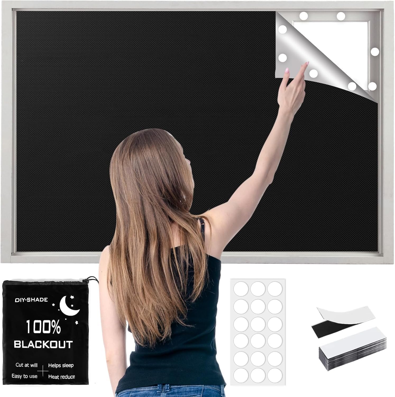 Blackout Blinds Stick On 100x148cm, 100% Blackout Blind Curtain for Window, 420D Fabric Portable Blackout Shades for Travel Temporary, Cut to Any Size 12 Loop Tapes