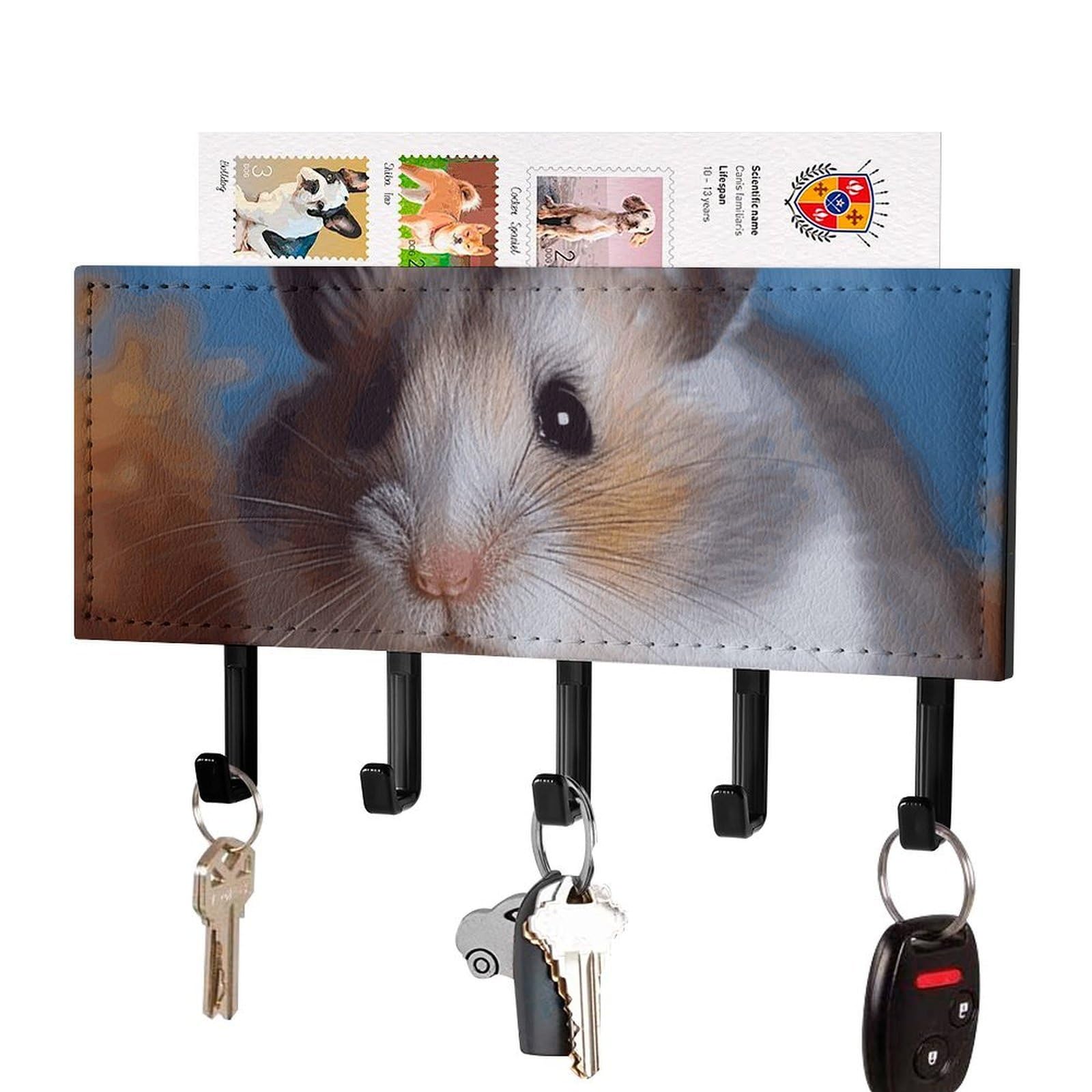DWVTSLH Hamster Key Holder for Wall, Decorative Key Hooks with Mail Organizer & 5 Hooks, Self Adhesive Leather Key Hanger for Entryway, Wall Mounted Key Rack (7.1” X 4.3” X 0.9”)
