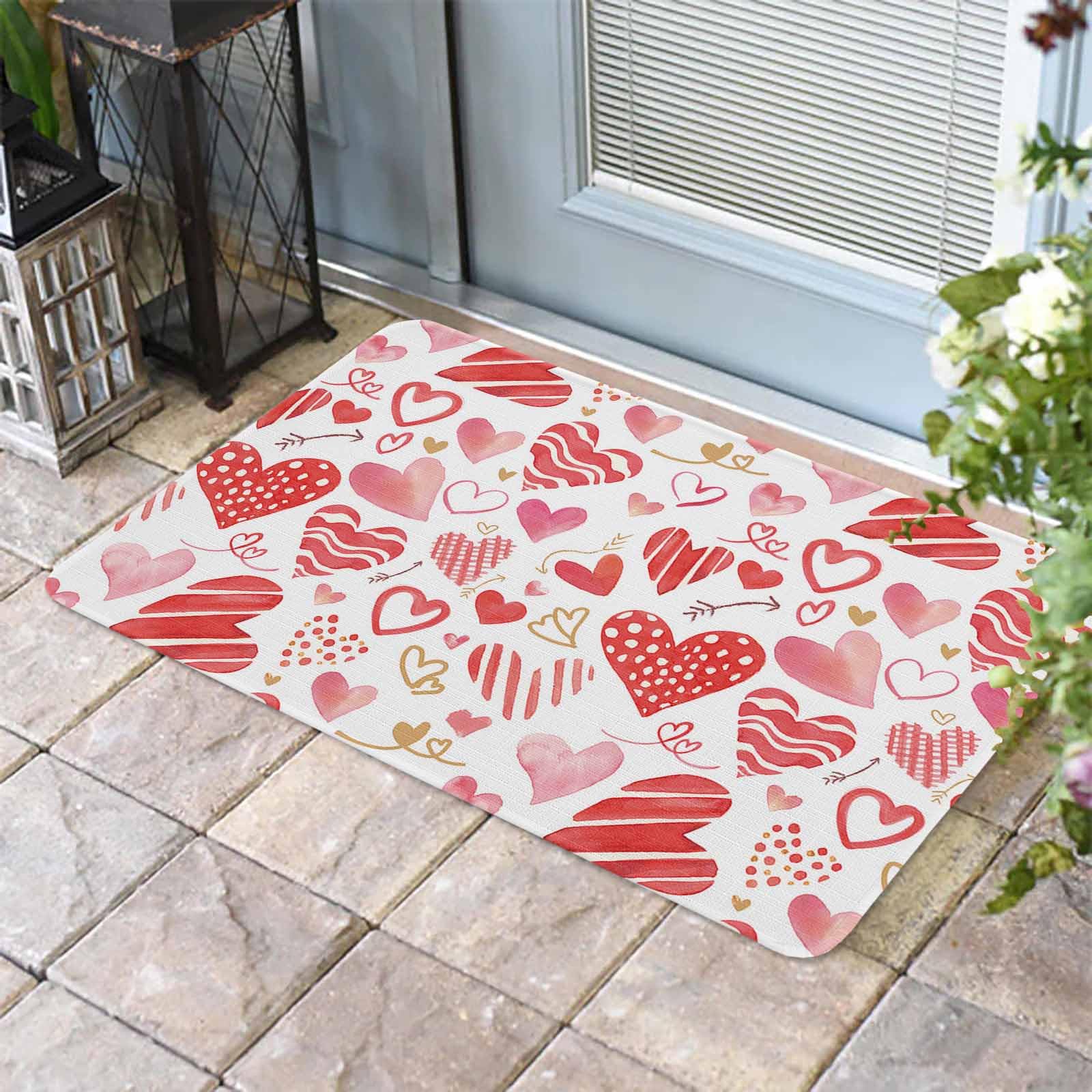 Door Mat Red Love Doormat Romantic Pink Heart Welcome Mat Non Slip Rubber Entryway Front Rug Floor Mat for Indoor Outdoor Kitchen Holiday Home Decor