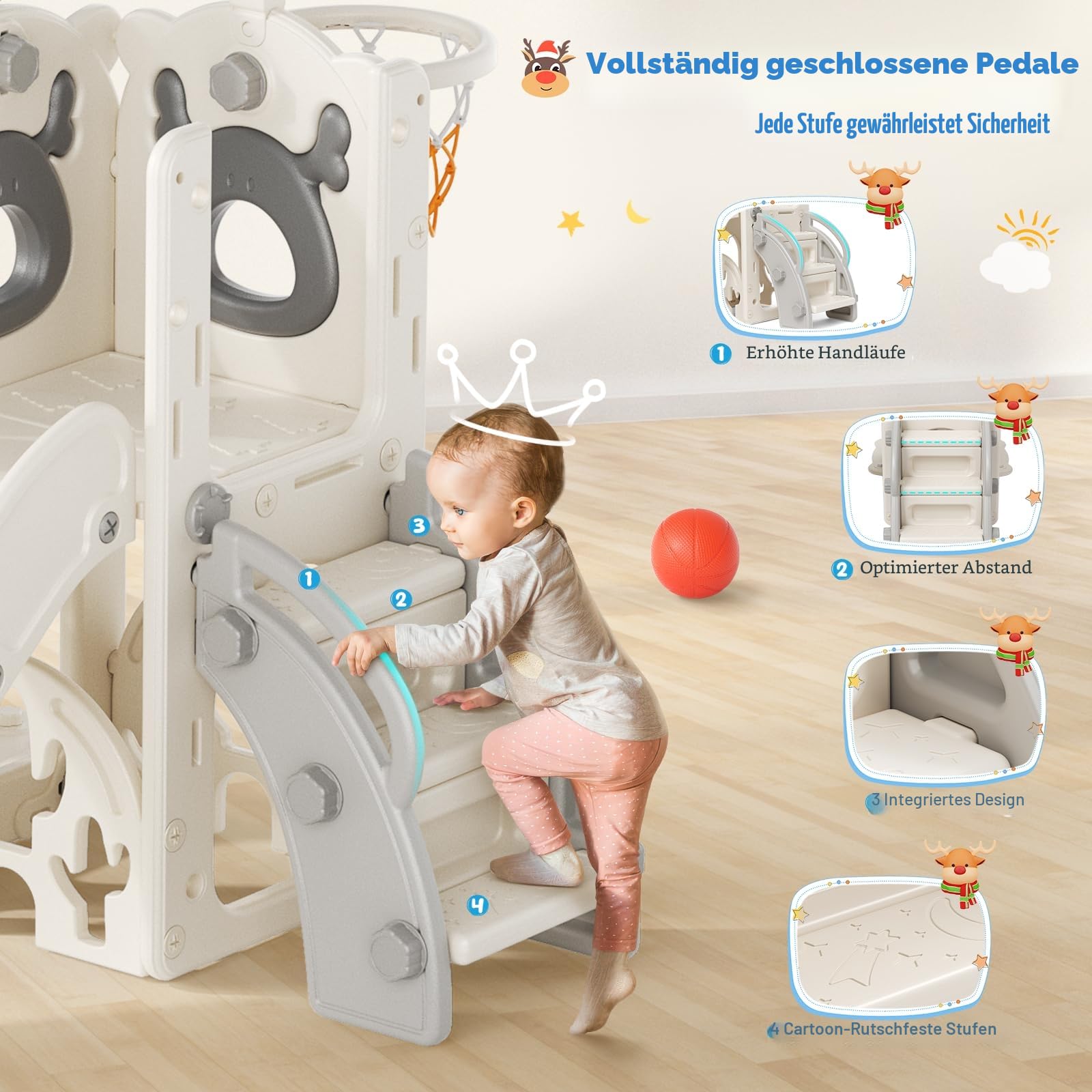 6-in-1 Kinder Rutsche Indoor/Outdoor,Montessori Spielzeugset mit Klettergerüst,Basketballkorb,Krabbeltunnel & Teleskop, Sicherheitsgetestet HDPE Kunststoff für Kinder ab 1 Jahr(Beige-grau)