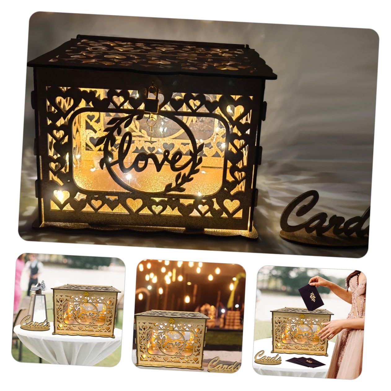 Holz Kartenbox mit Hohldesign Große Hochzeit Umschlag und Geldbox Dekorative Holz Aufbewahrungsbox für Jubiläum Empfang und Feier