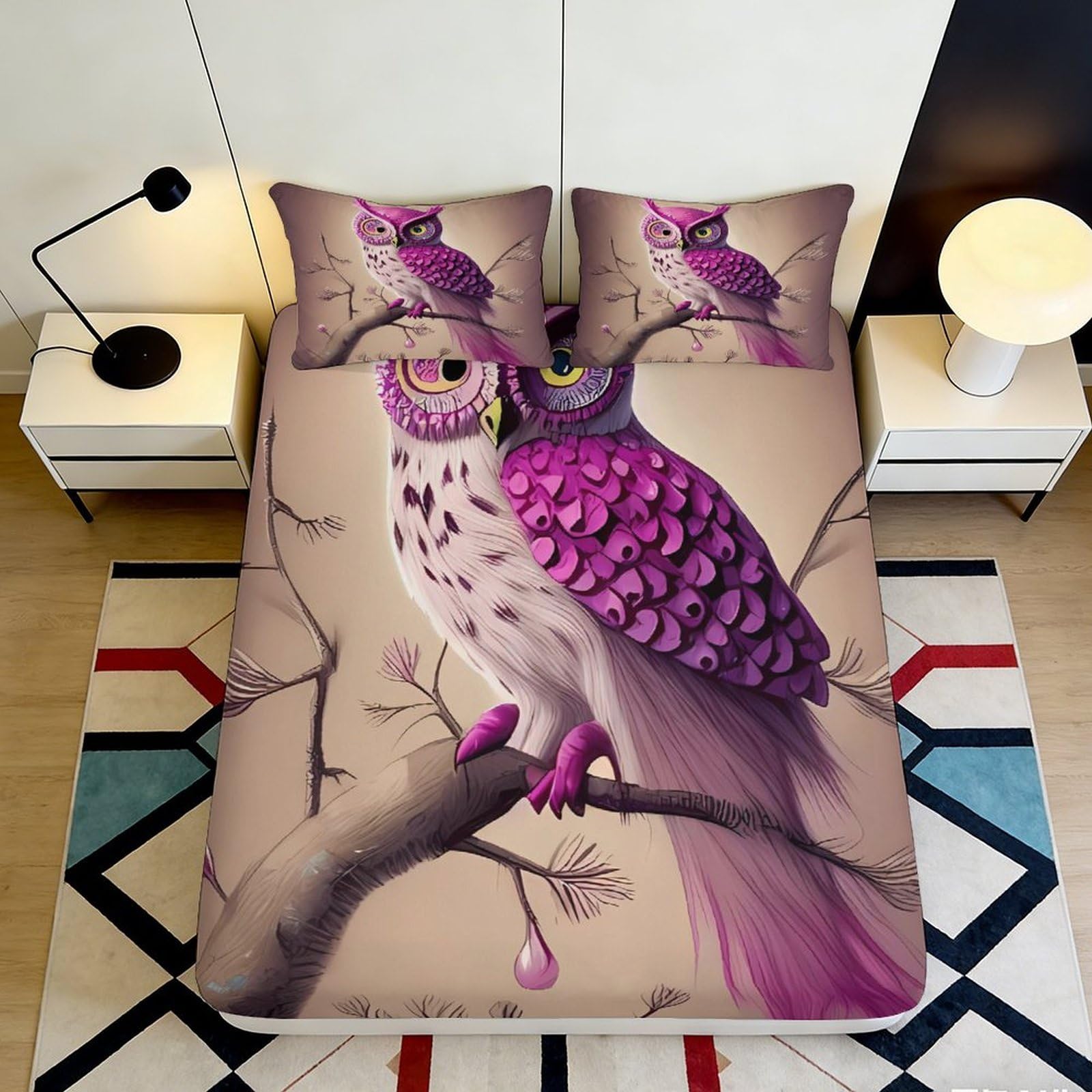3D Printed Purple Owl Fitted Sheet Microfiber Soft Breathable Bird Branch Bed Cover for Bedroom Dormitory Guest Room Mattress Protection Decor 120x200x25cm