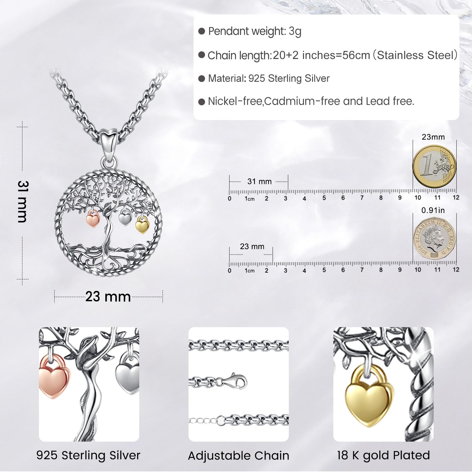 Eusense Kette Lebensbaum Baum des Lebens Anhänger Halskette 925 Sterling Silber Geschenke Zum Vatertag Schmuck für Mutter Damen Mädchen