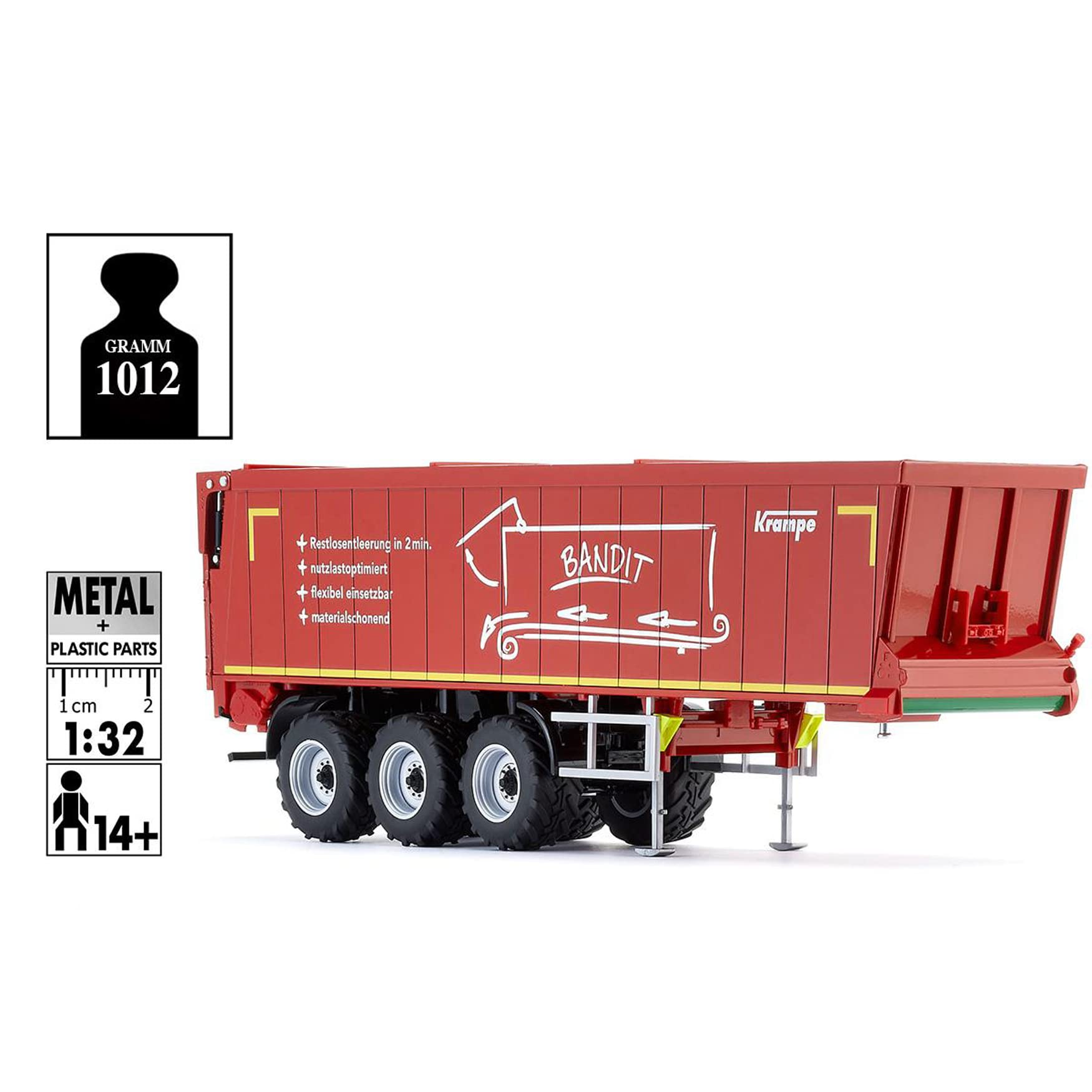 WIKING 077657 Krampe Przyczepa samozbierająca SB II 30,1070, Model, 1:32, Metal,tworzywo sztuczne, Od 14 roku życia, Wiele funkcji, Ruchoma klapa tylna, Wyciągane podpory, Czerwony