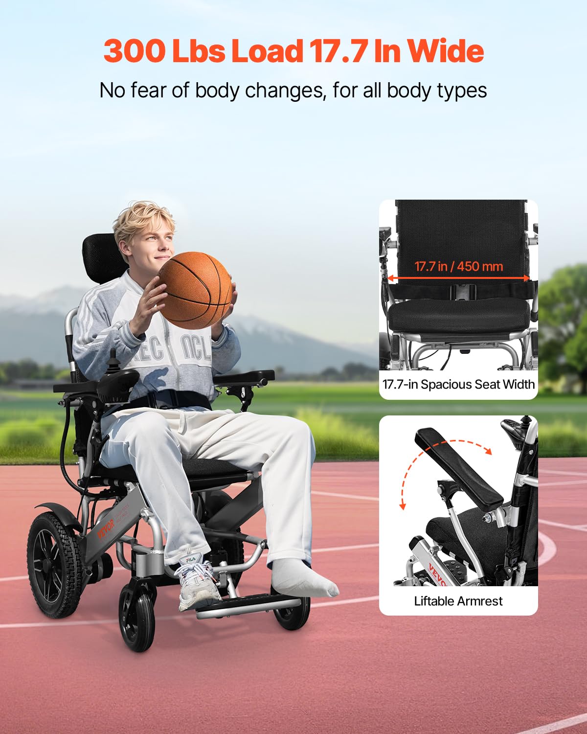 VEVOR Silla de Ruedas Eléctrica para Adultos Capacidad de 136 kg Respaldo Ajustable Plegable Ligera Motorizada Autonomía de 19,3 km Todoterreno Portátil para Personas Mayores, Discapacitadas