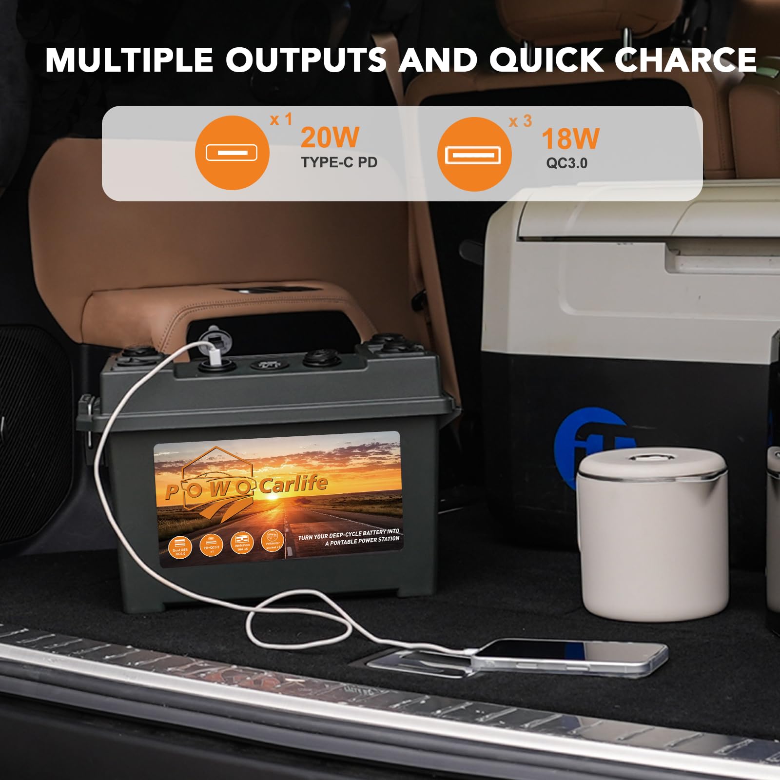Caja de batería inteligente portátil con motor de arrastre de 12 V – con puerto QC3.0/PD tipo C/enchufe Anderson/voltímetro digital, centro de energía para RV panel solar barco