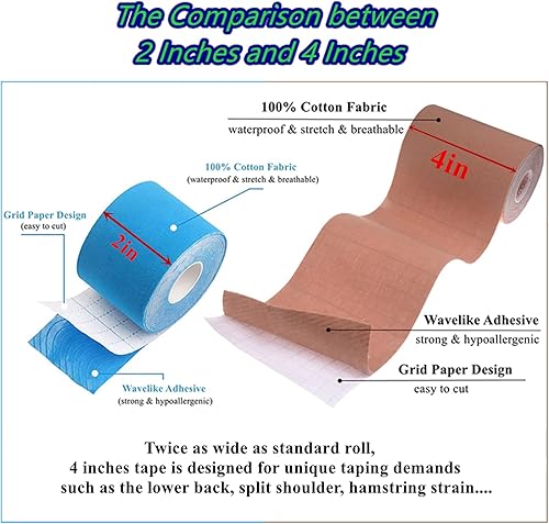 Miniatura 3 de Cinta de kinesiología extra ancha de 2 pulgadas, 4 pulgadas x 16.4 pies, impermeable, sin látex, atlética para aliviar el dolor, apoyo muscular,