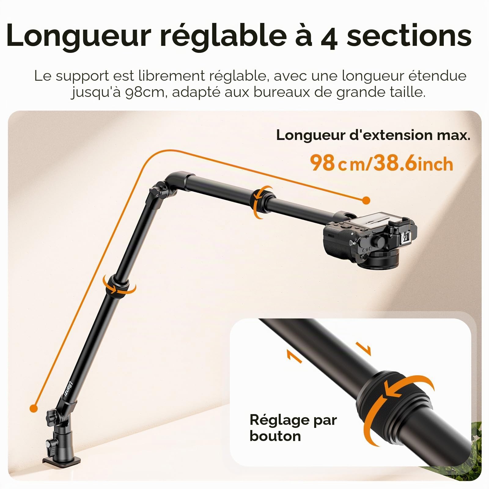 ULANZI ZJ02 98 cm Support deTable pour Caméra, Trépied Suspendu pour Streaming et Jeux Vidéo, Support d'éclairage avec Perche, Trépied à Pince avec rotule 360° pour Caméra/Anneau Lumineux