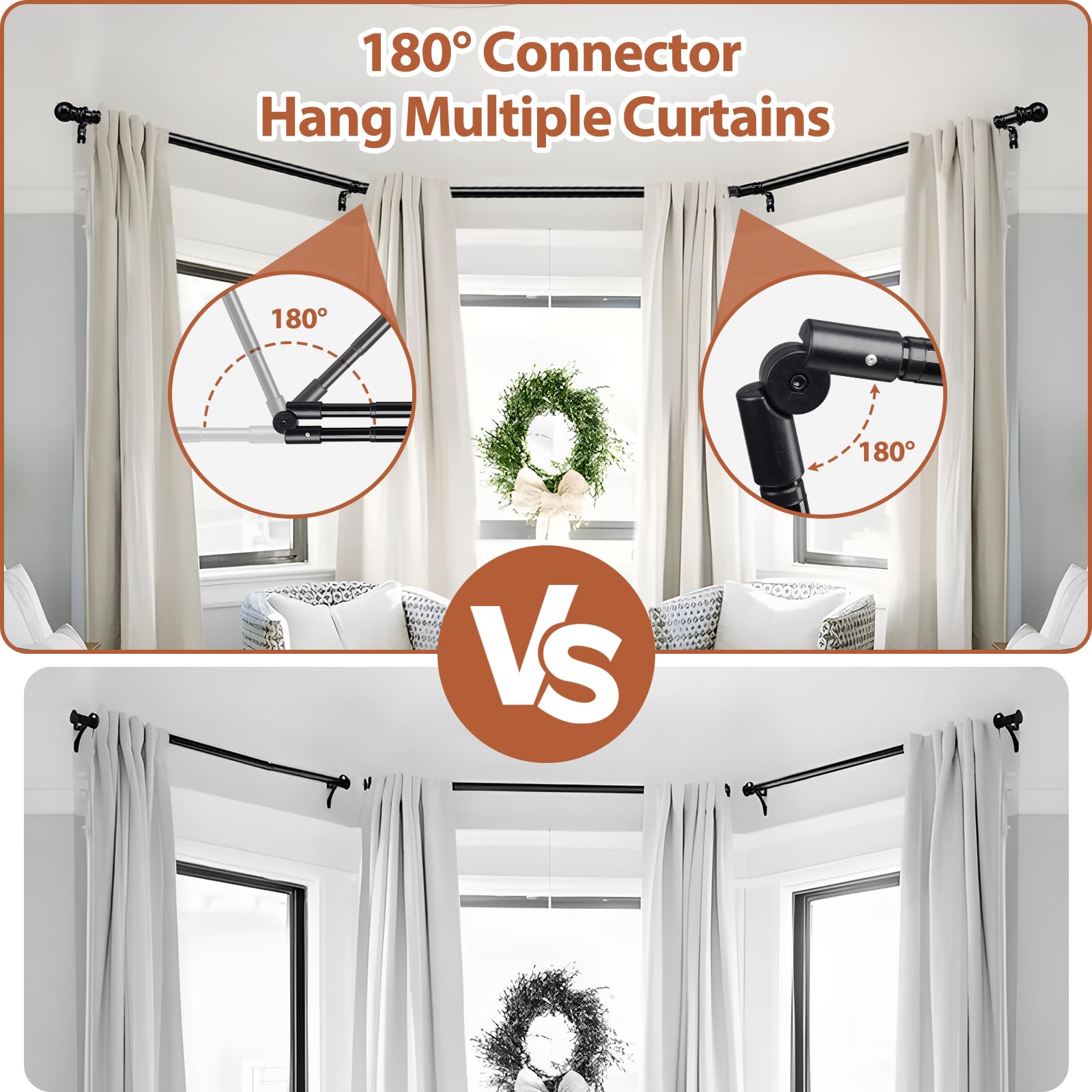 Barras de Cortina para Ventanas Saledizas, Barra de Cortina Curvada para Ventanas de 76 a 460 cm, 2 Codos Incluidos, 25 mm de Diámetro, Barra de Cortina Negra Resistente de 3 Lados para Dormitorio