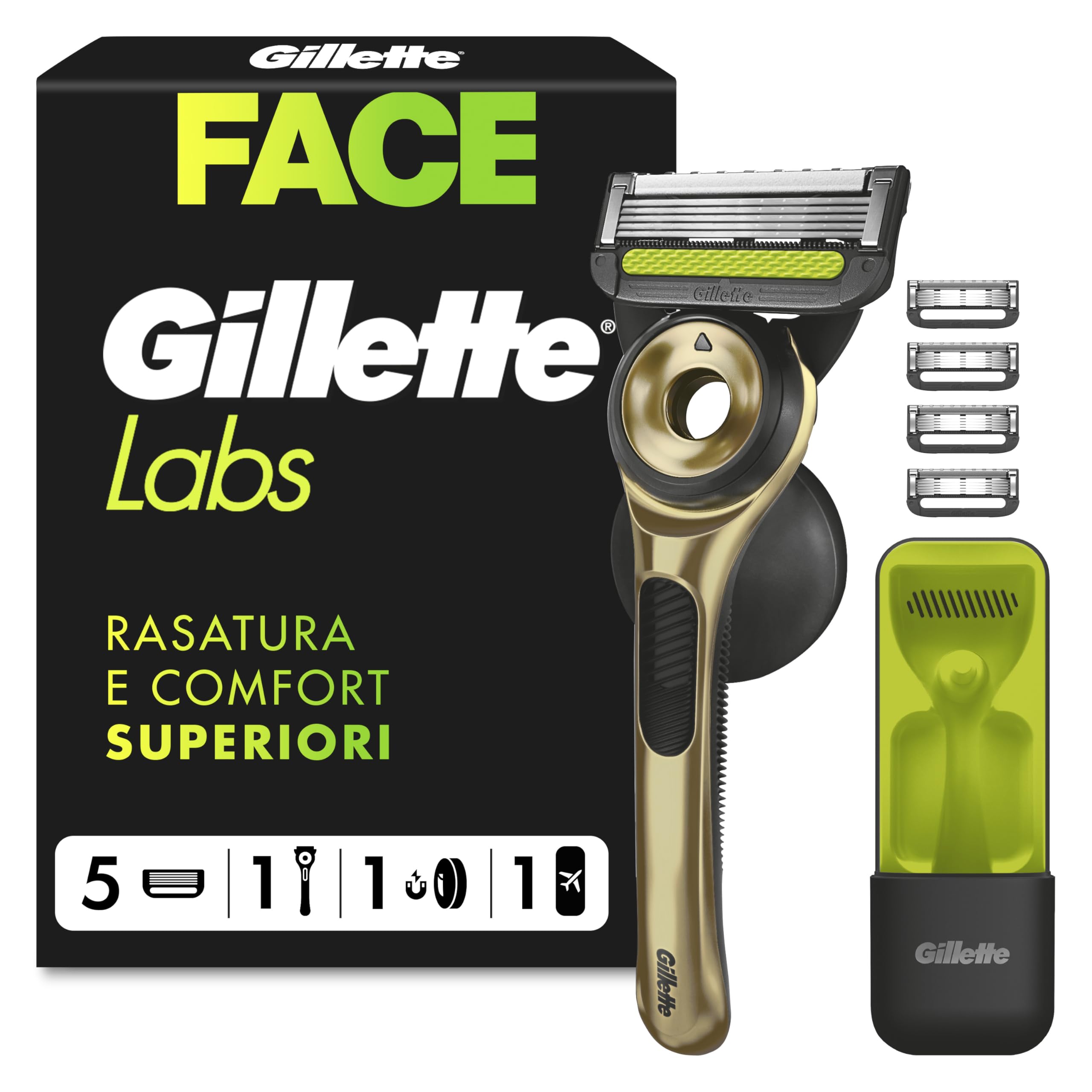 GilletteLabs Rasoio A Mano Libera Con Barra Esfoliante Champion Gold Edition, 1 Manico + 5 Lamette Di Ricambio, Include Un Gancio Da Parete E Una Custodia Da Viaggio