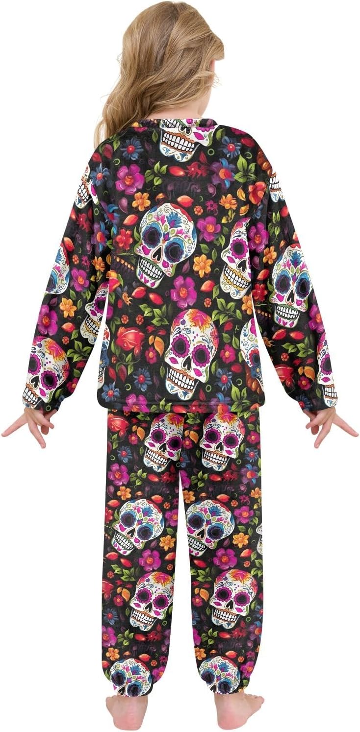 Sugar Skulls Floral Plush Pajama Set, Soft Coral Fleece Warmth, Relaxed Fit with Pockets
