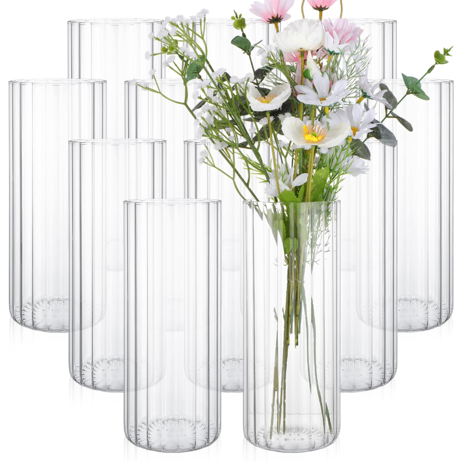 Yungyan 12 Pcs Ribbed Glass Cylinder Vases for Centerpieces 4 x 10 Inch Clear Vases for Centerpieces Modern Floating Candle Holder Fluted Cylinder Ribbed Flower Vase for Wedding Reception Dining Table