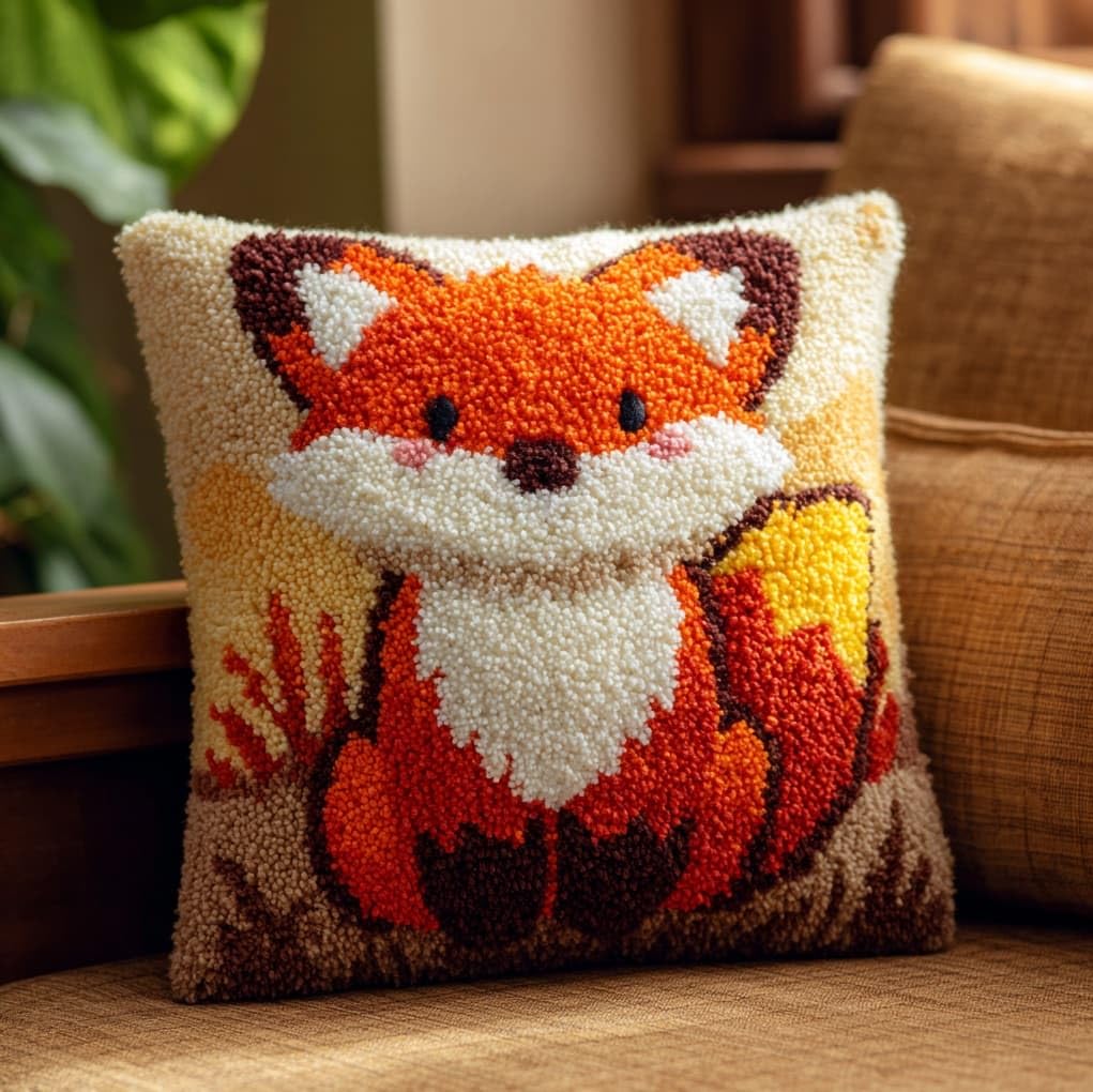 WallustrioaW Latch Hook Cushion kit 43x43cm,Animal Little Fox