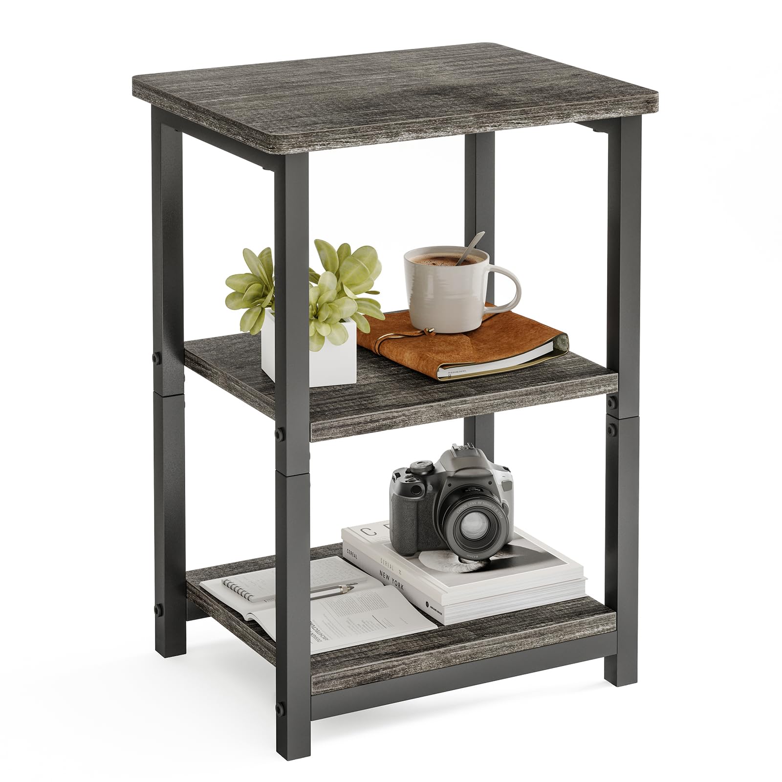 Fixwal Side Table 3-Tier Small End Table, Sofa Table Nightstand for Living Room, Bedroom, Office, Grey and Black