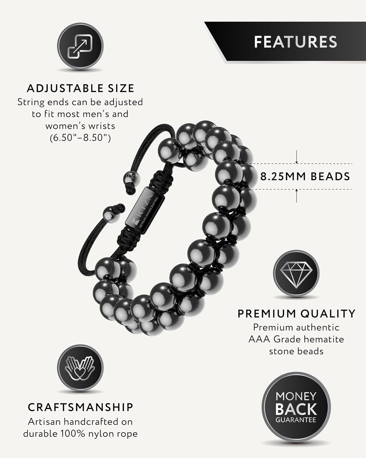 RTZN® Hematite Bracelet for Men – Premium Artisan Handcrafted Authentic Hematite Stone Bracelet – Adjustable 8mm Mens Hematite Bracelet for Strength, Confidence & Focus