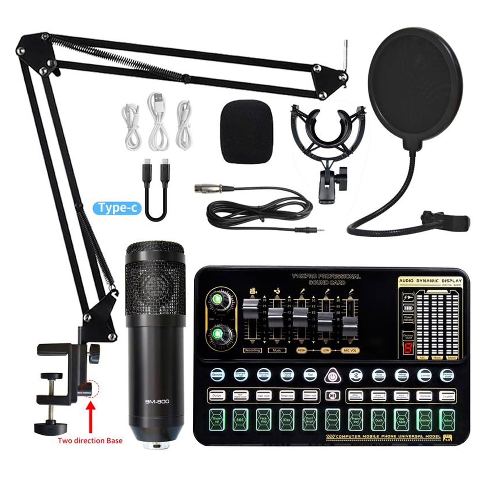 Soundkarten-Kit Professionelles Kondensatormikrofon BM 800 Drahtlose Bluetooth V10 PRO Soundkarte für PC Computer Telefon Karaoke Live-Gesang Gaming Studio Setu，White Bm800 1