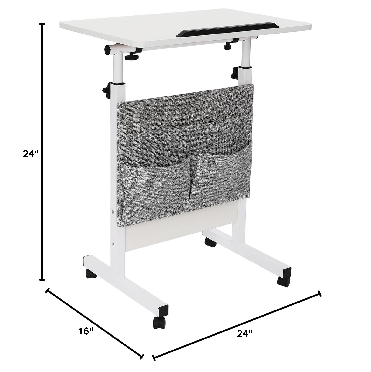 16 24 White Adjustable Height Standing Desk Portable Rolling Laptop Desk Mobile Computer Stand with Locking Wheels Compact — view 3