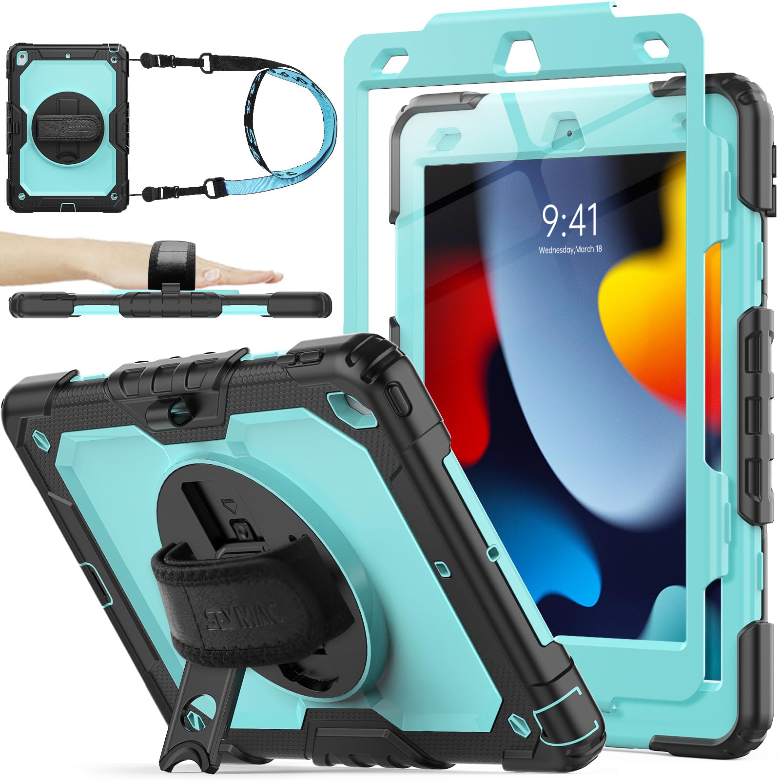 SEYMAC stock Custodia per iPad 9a/8a/7a Generazione 10.2'' con Proteggi Schermo, Portamatite, Supporto, Cinturino da Polso, Custodia Antiurto per iPad 10.2'' 2021/2020/2019, Nero