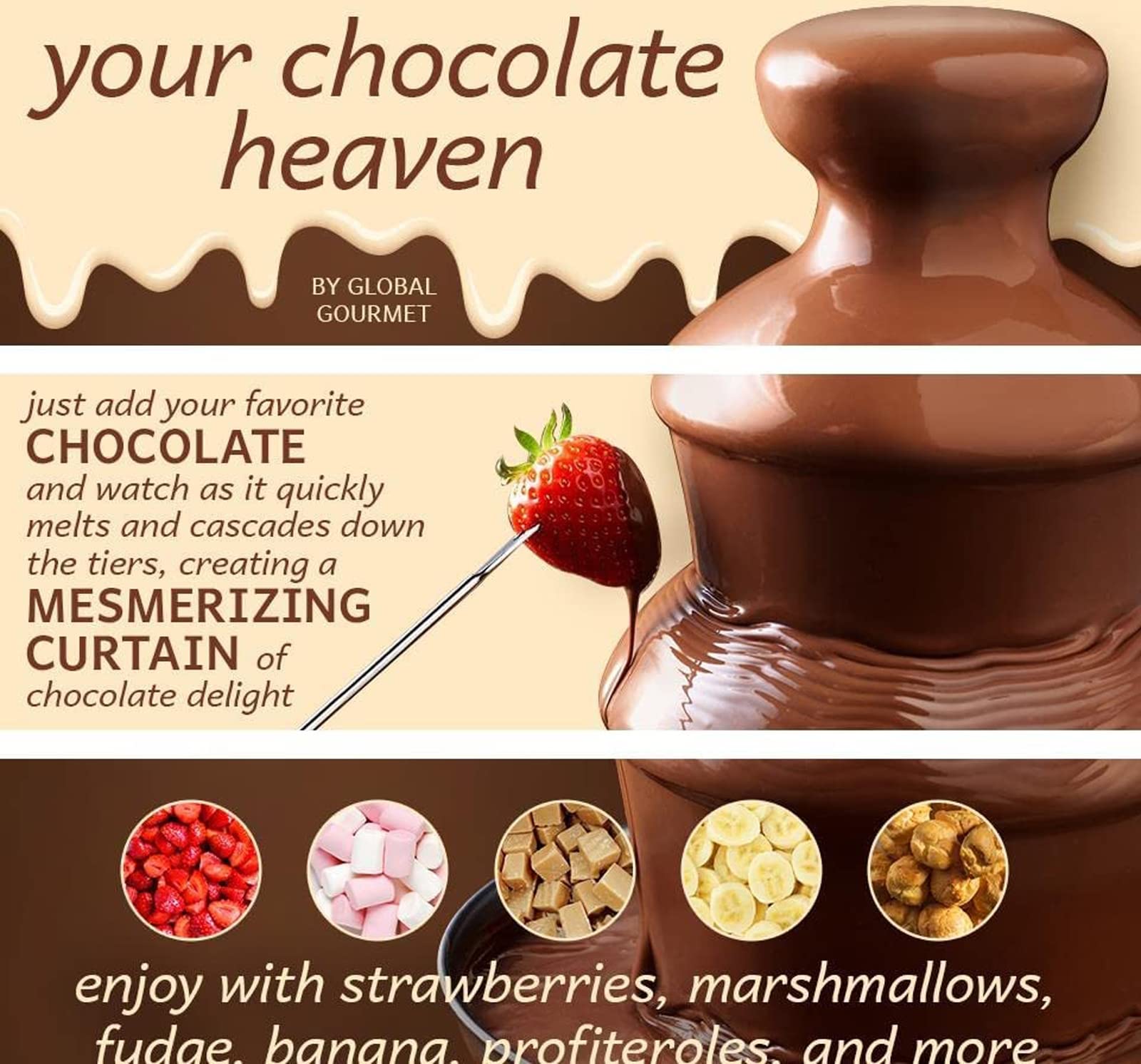 CUSMA Fontana di Cioccolato | Mini Set per Fonduta con Vassoio da Portata | Macchina Elettrica A 3 Piani con Base Hot Melting Pot
