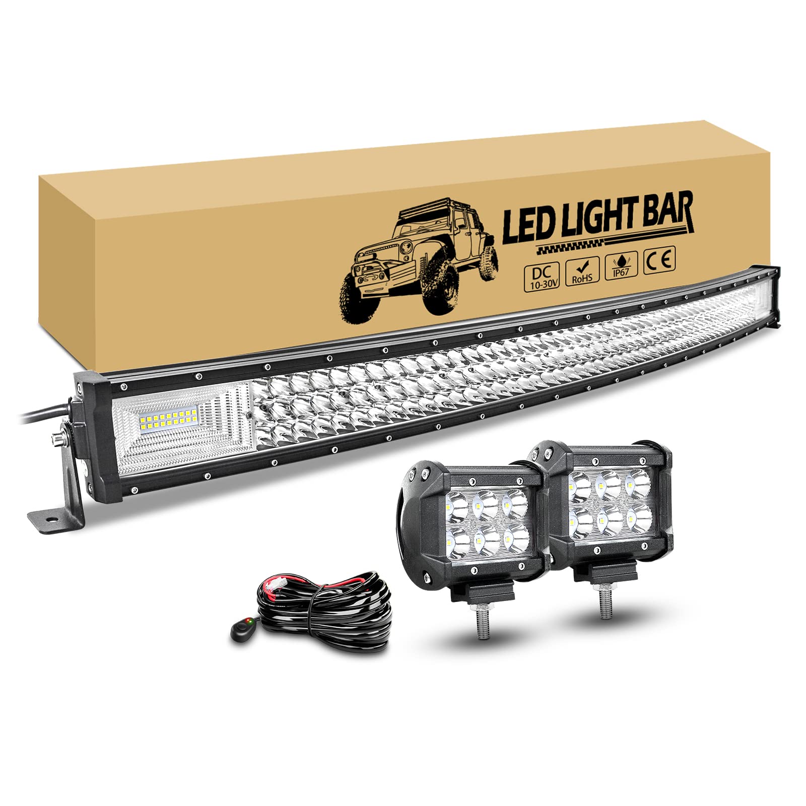 RIGIDON 42 Pulgadas 107cm 540W Curvada Barra de Led 4x4 con 12V Kit de cableado, 2pcs 10cm 18W Focos Led, Largo Alcance Barra Luminosas led para Coche Todoterreno Off Road Camión Tractor SUV | 42 pulgadas 540 W largo alcance Rampa Led, 2 x 4 pulgadas, 18