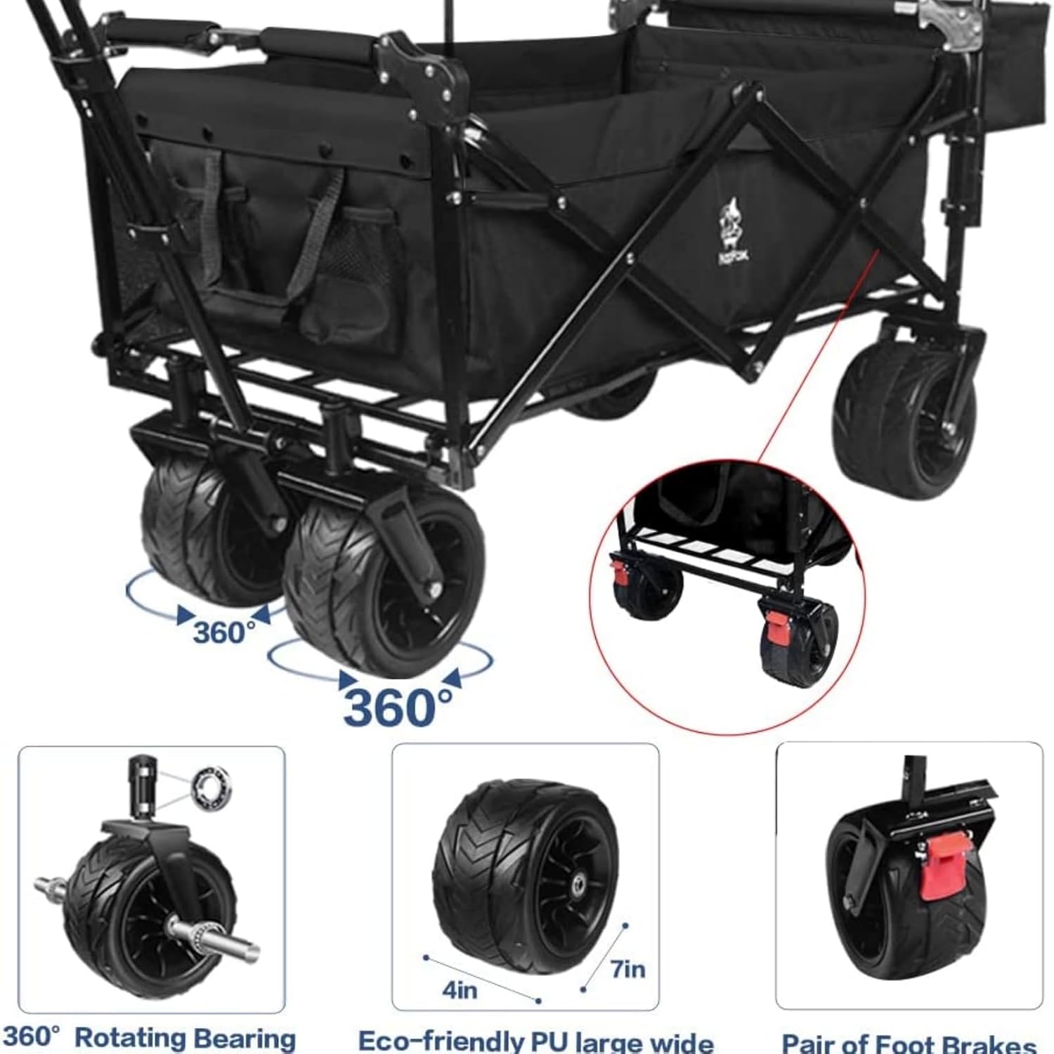 Collapsible Wagon 140L Wagons Carts Foldable with Removable Canopy, Folding Wagon Cart with Wheels for All-Terrain with Brake, Foldable Wagon with Cooler Bag, for Camping Beach Shopping