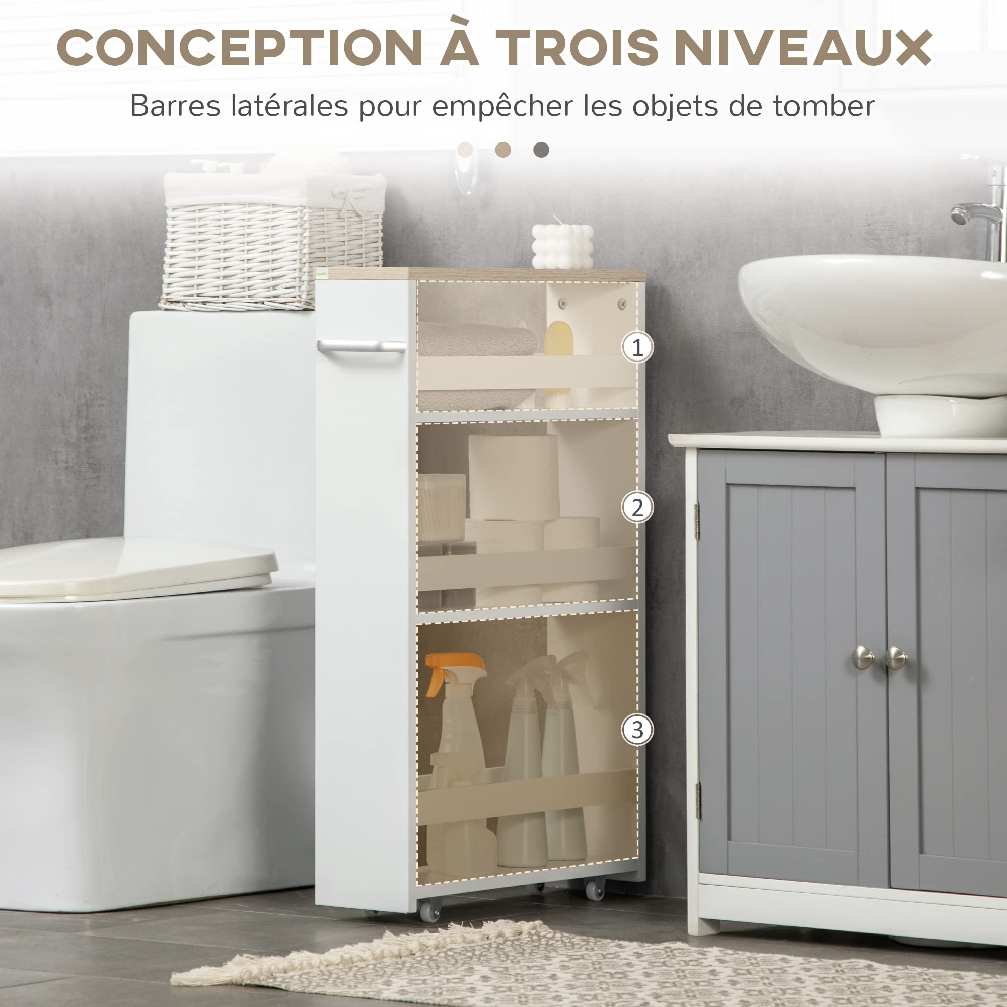kleankin Chariot de Rangement à 3 Niveaux Chariot de Stockage étagère sur roulettes pour Cuisine étroite Salle de Bain buanderie Bureau avec poignée - 48 x 15 x 80 cm Blanc
